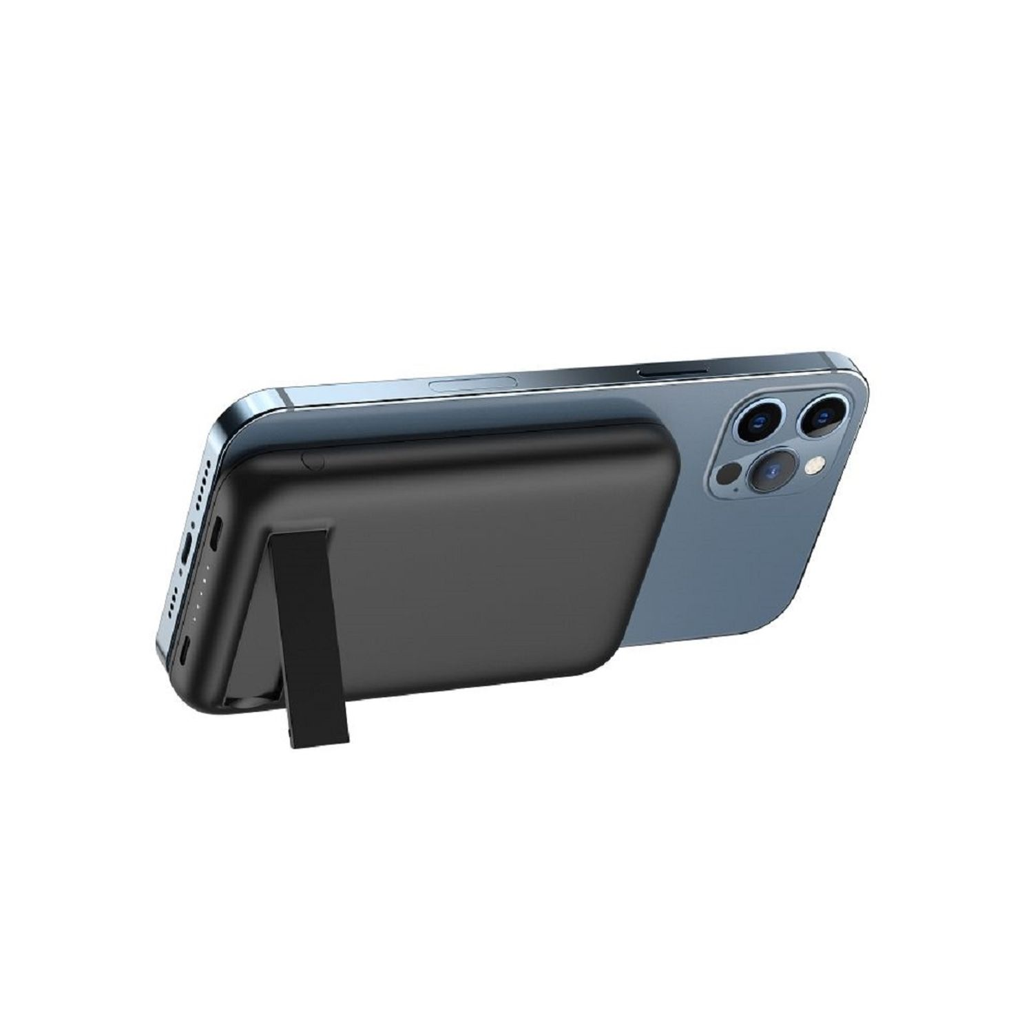 Schwarze Powerbank mit angeschlossenem Telefon, ruhend auf einem Ständer. Weißer Hintergrund.