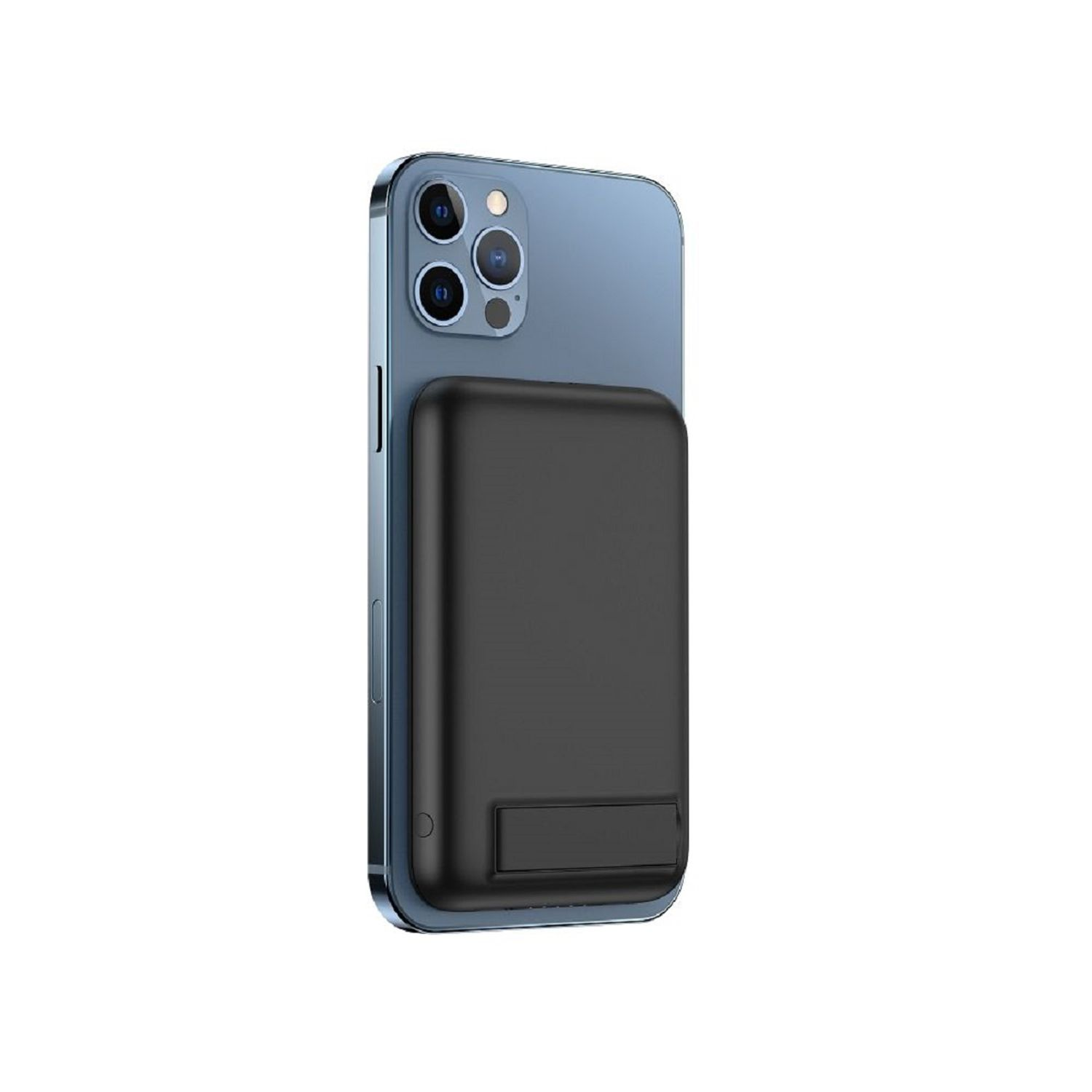 Ein schwarzes Telefon mit einem schwarzen Lade-Pack. Der Hintergrund ist weiß.