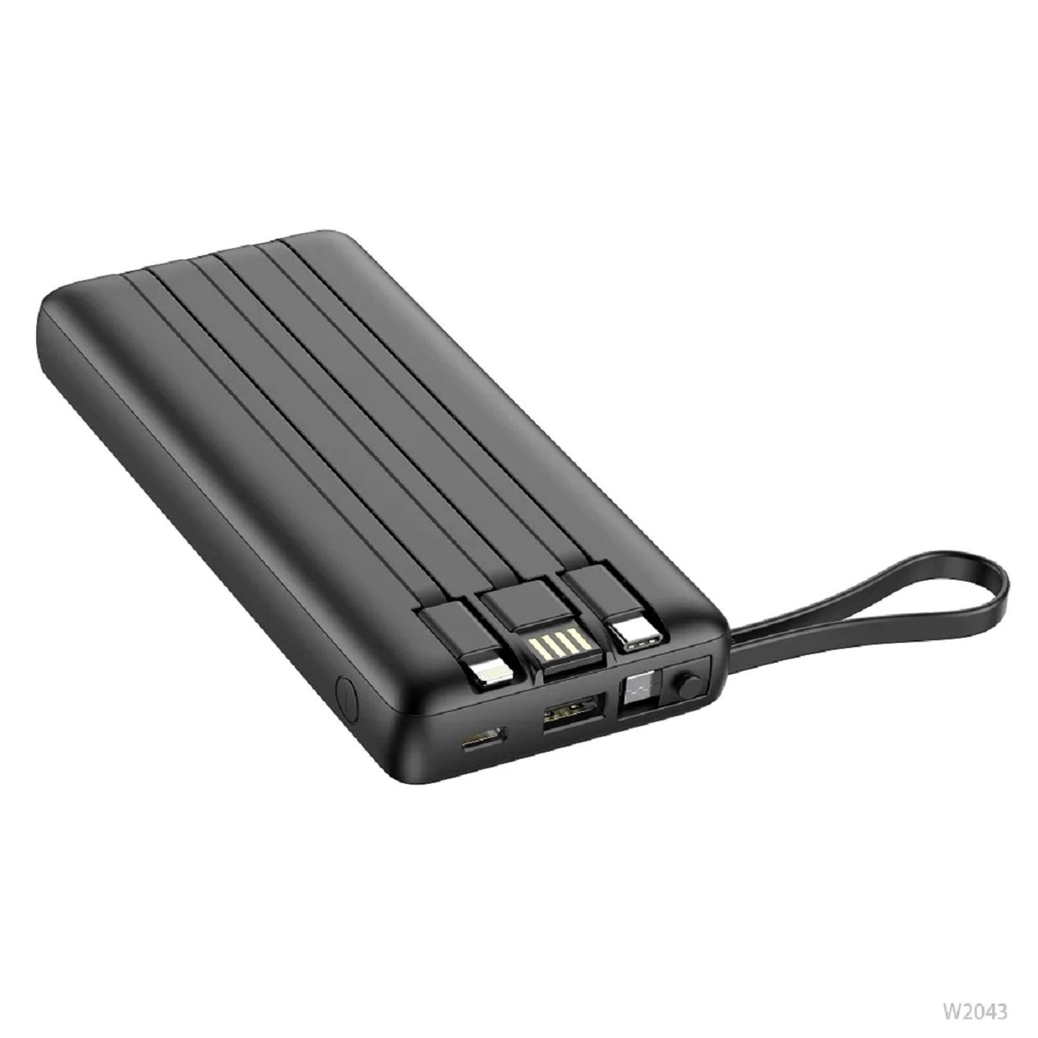 Eine schwarze Powerbank mit strukturierter Oberfläche. Es hat USB-Anschlüsse und einen Ladeanschluss. Ein Riemen ist befestigt.