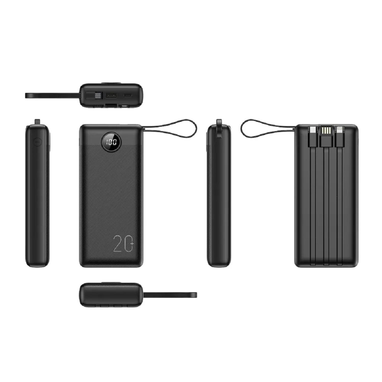 Mehrere Ansichten einer schwarzen Powerbank. Kabel und Digitalanzeige sichtbar.