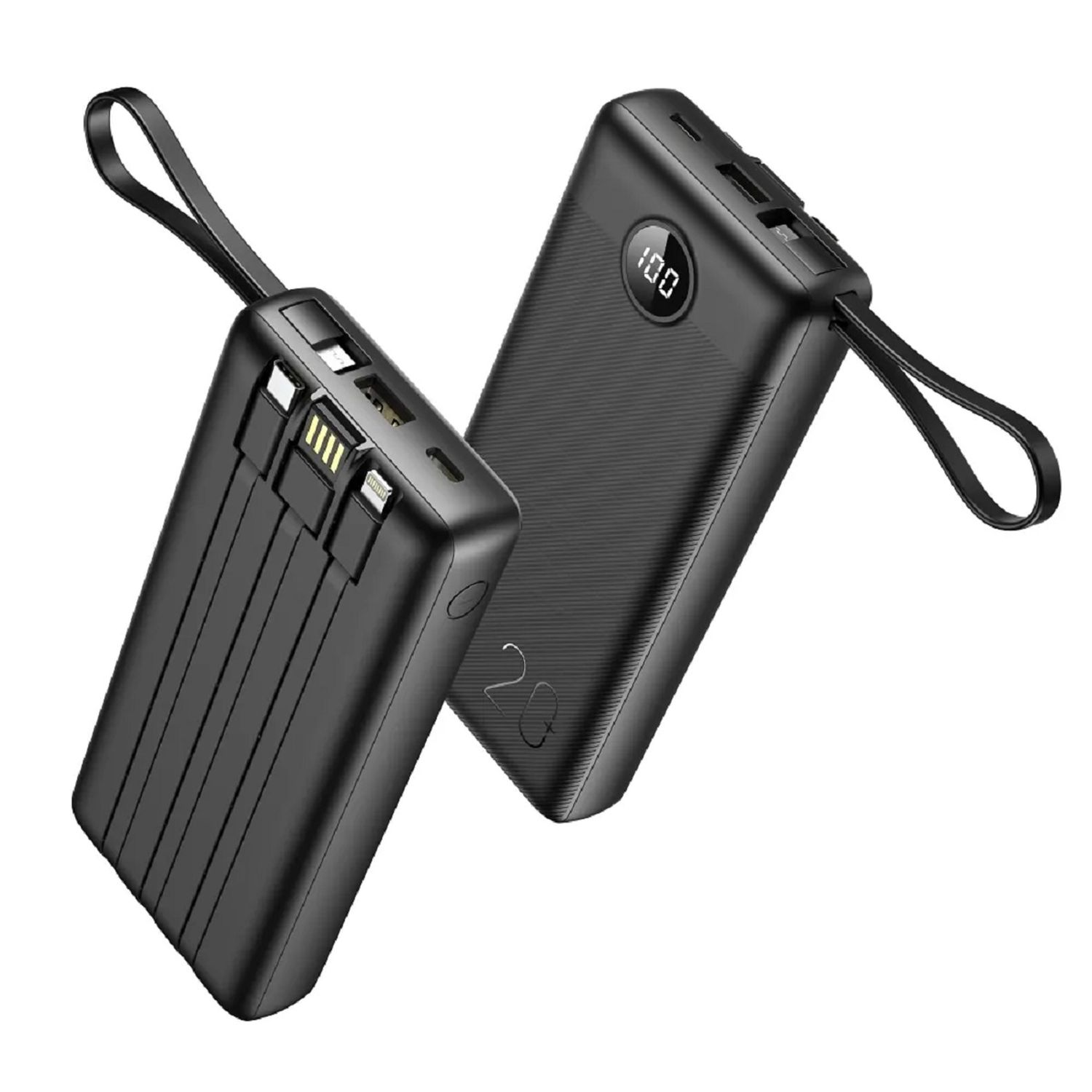 Zwei schwarze Powerbanks mit Display und Ladeanschlüssen. Eines hat einen Riemen.