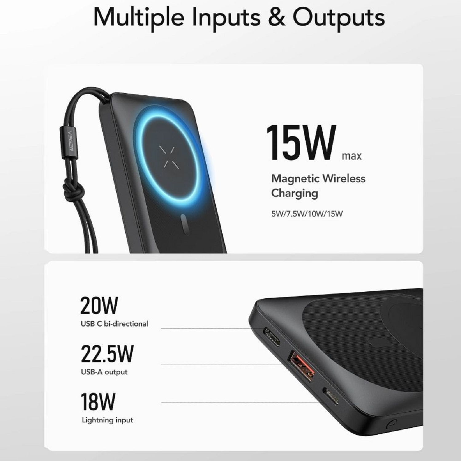 Diagramm, das eine Powerbank mit magnetischem kabellosem Laden und mehreren Ein-/Ausgabeoptionen zeigt.
