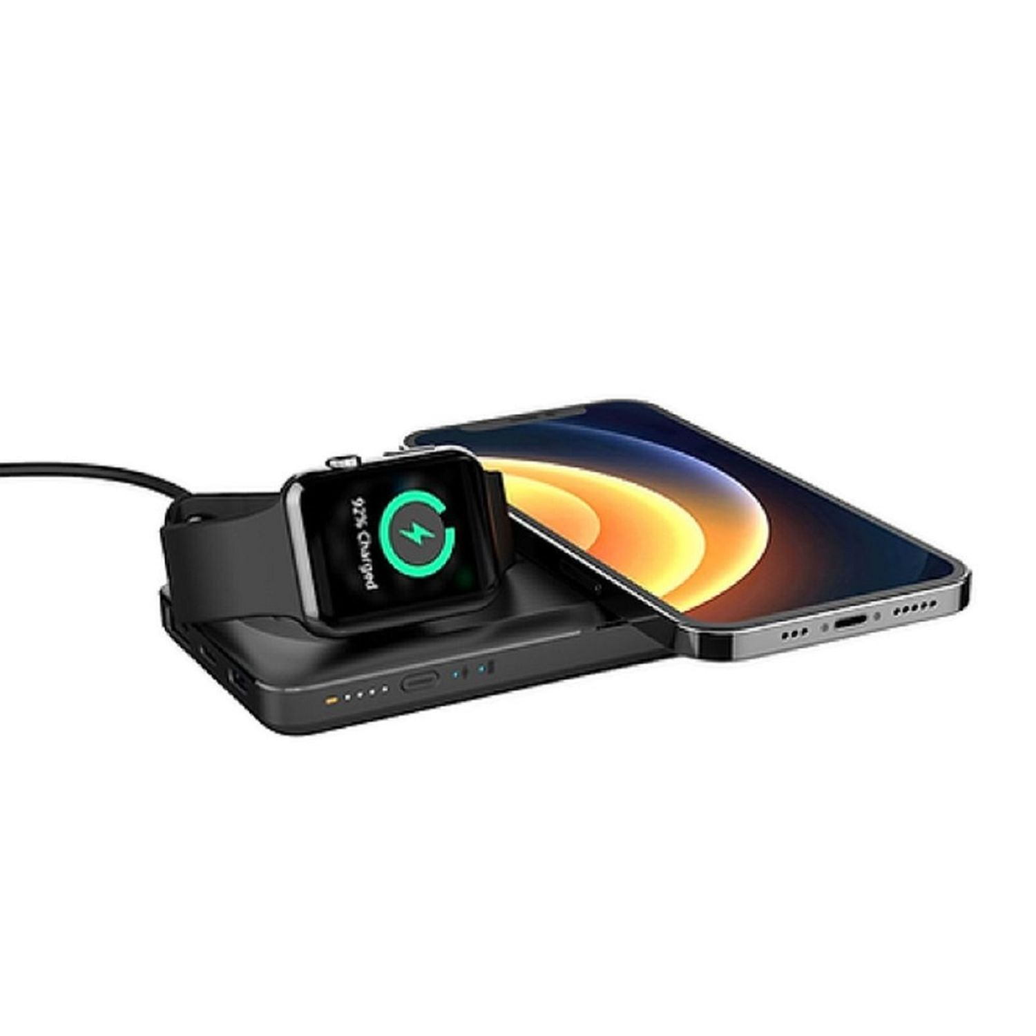 Una estación de carga negra con un Apple Watch y un iPhone, con un porcentaje de carga mostrado.
