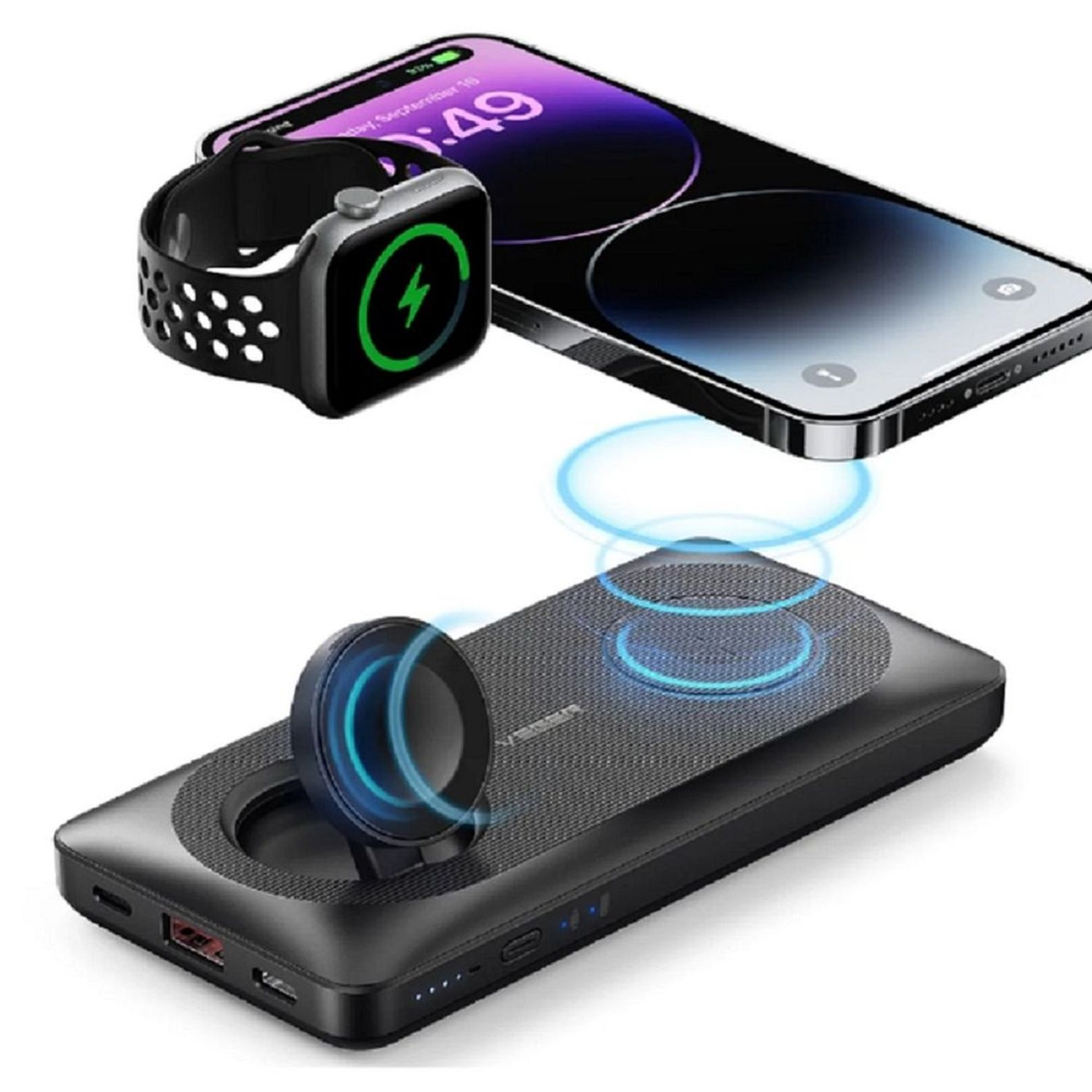 Un teléfono y un reloj cargando inalámbricamente en una base de carga negra con luces azules.