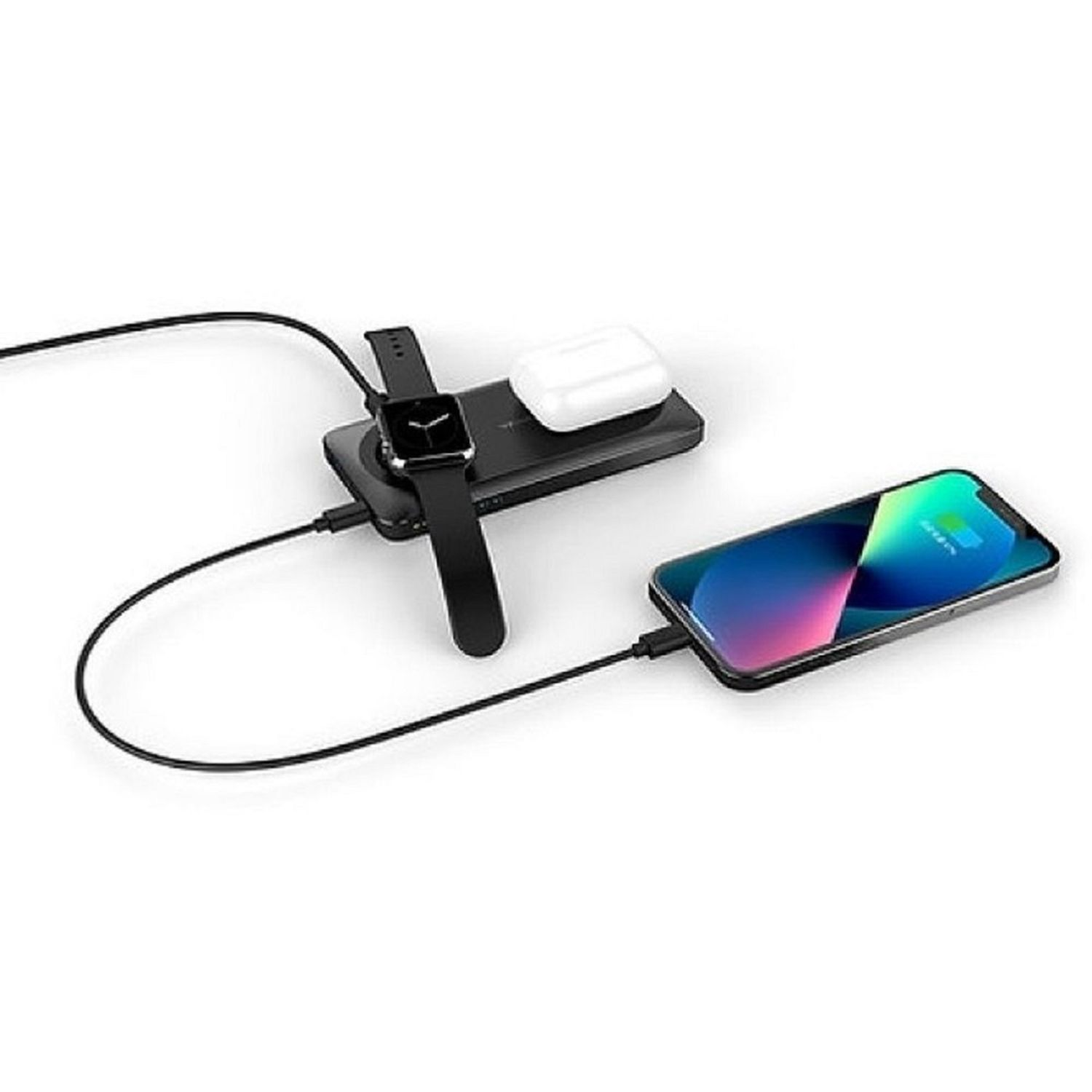 Una estación de carga con un reloj inteligente, auriculares y un teléfono cargándose en ella.