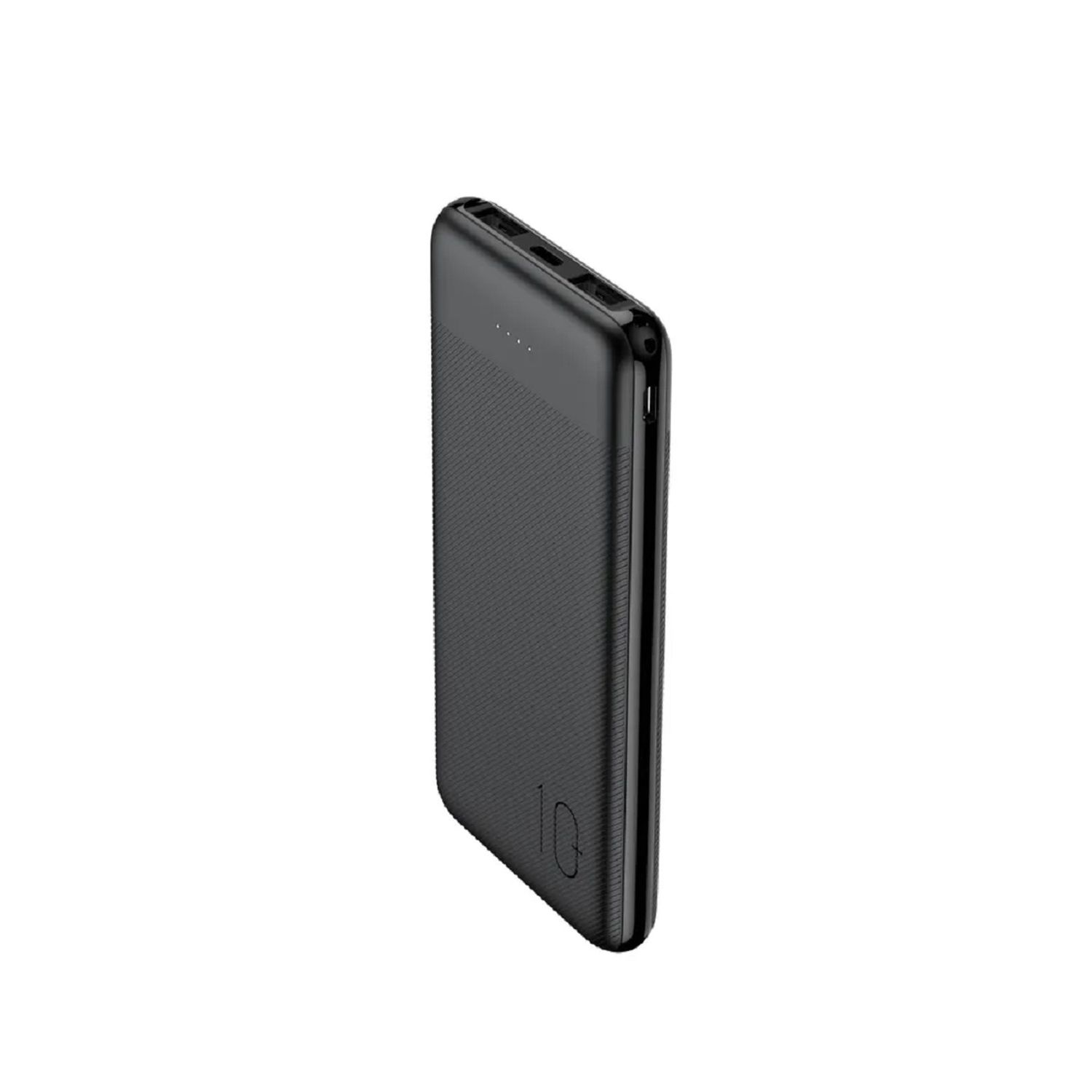 Schwarze Powerbank steht aufrecht. Es hat eine strukturierte Oberfläche und eine kleine Reihe von Betriebsanzeigen.