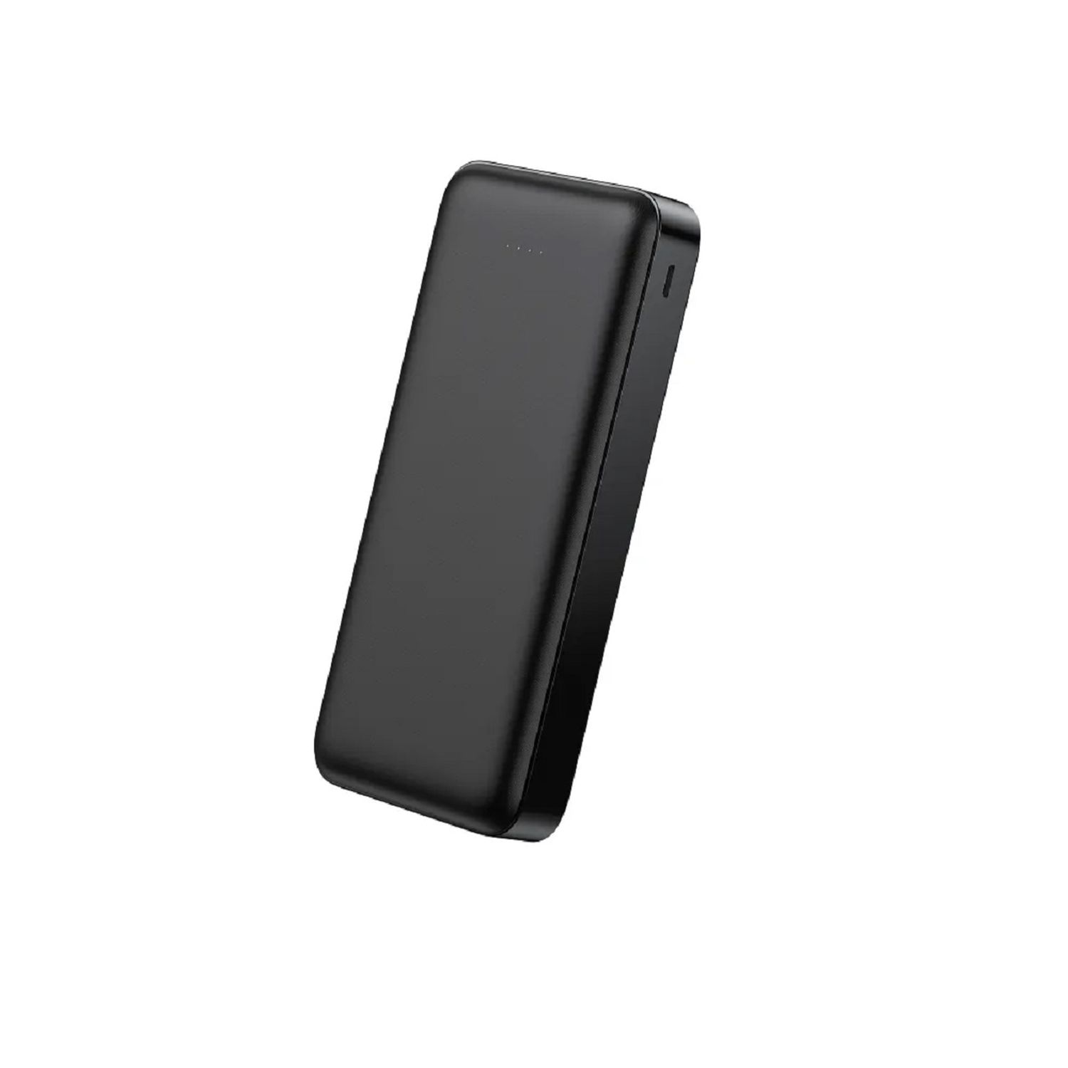 Eine schwarze Powerbank auf weißem Untergrund. Schlankes rechteckiges Design mit kleinen Punkten.