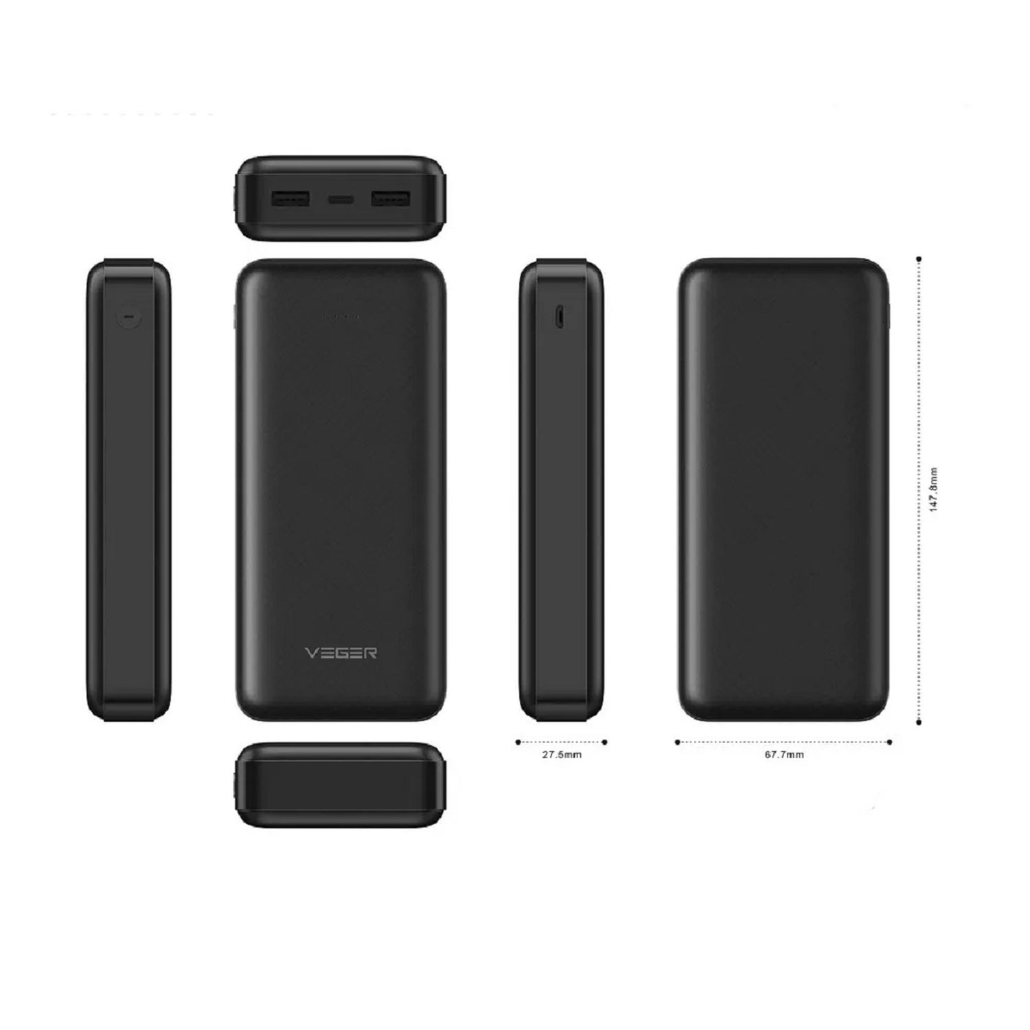 Schwarze VEGER Powerbank. Mehrere Ansichten. Abmessungen: 67,8 x 27,5 x 147,8 mm.