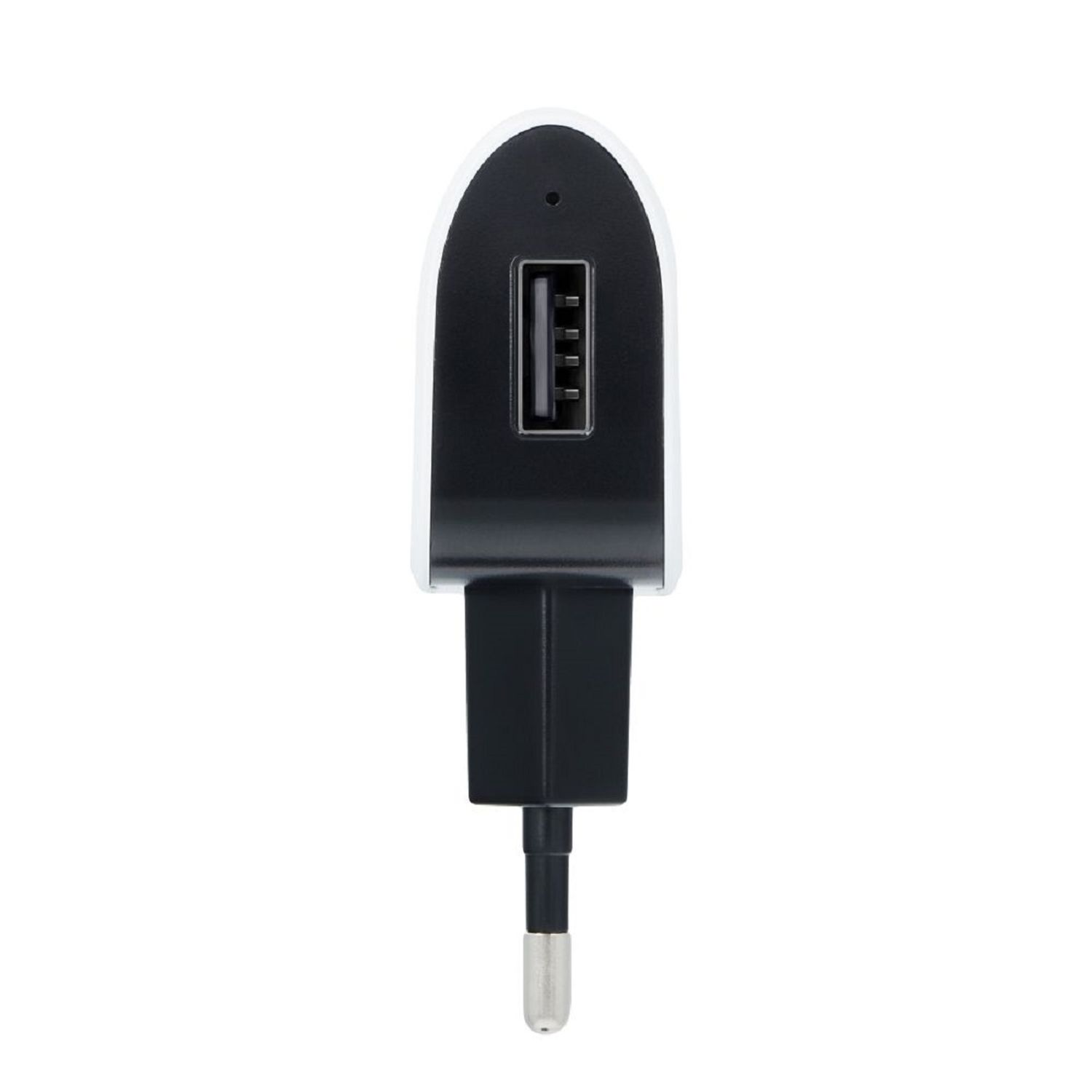 Ein schwarz-weißes USB-Ladegerät mit einem einzelnen USB-Anschluss. Der Stecker ist schwarz.