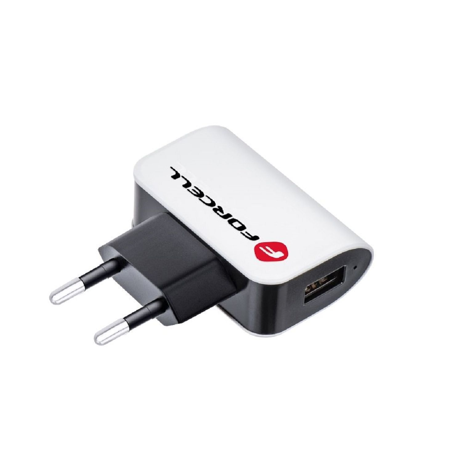 Weißes und schwarzes USB-Ladegerät mit zwei Stiften, einem roten Logo und einem USB-Anschluss.