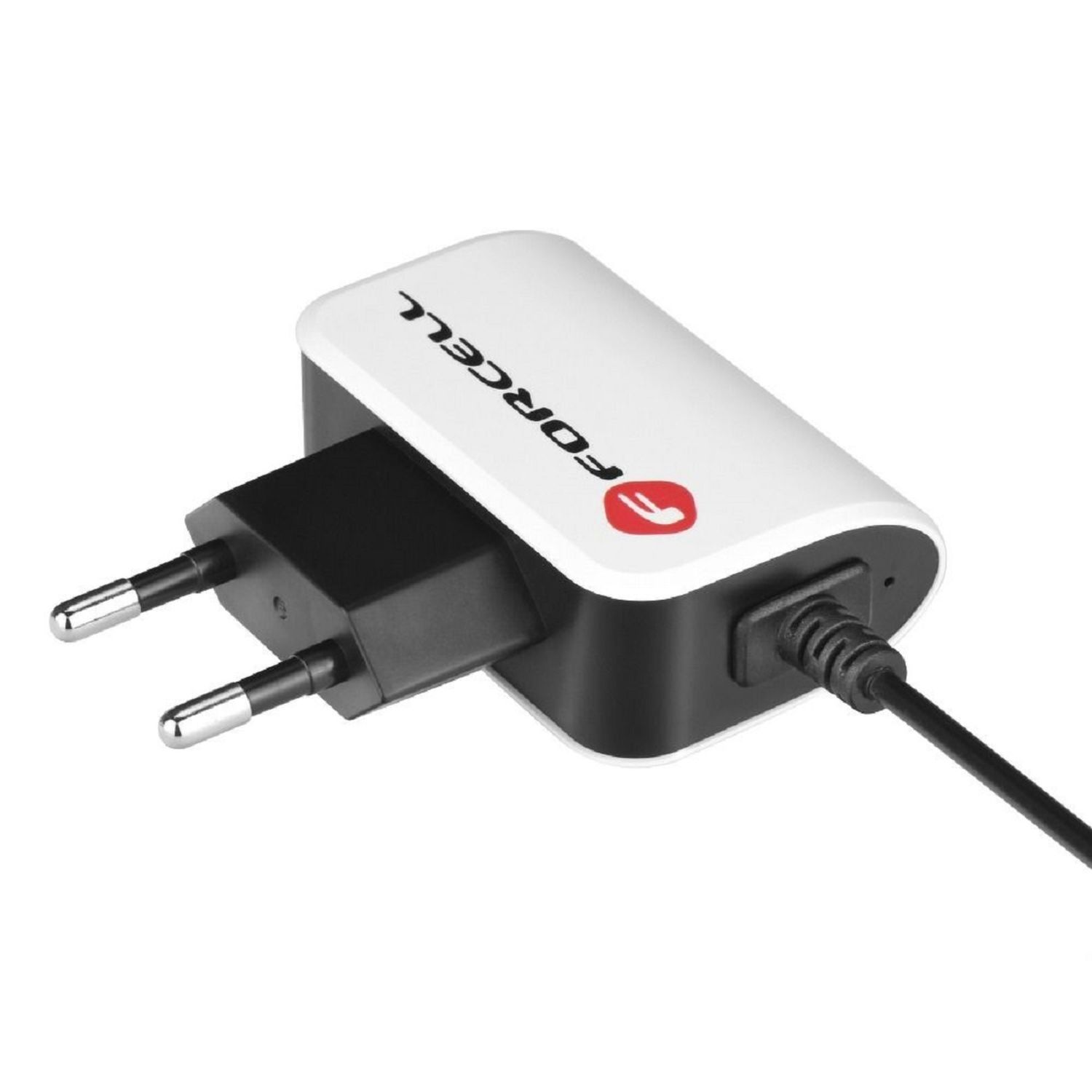 Weißes und schwarzes Ladegerät mit Stecker. Auf dem Ladegerät steht „FORCELL“.