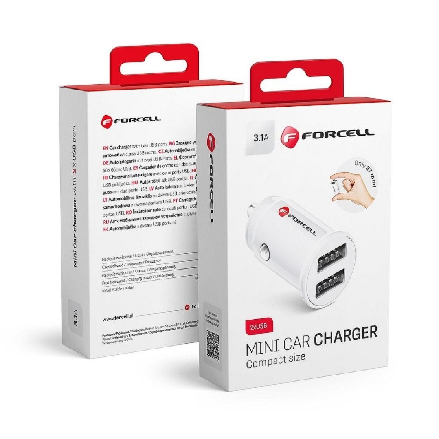 Zwei weiße USB-Autoladeboxen, die das Ladegerät mit zwei USB-Anschlüssen zeigen.