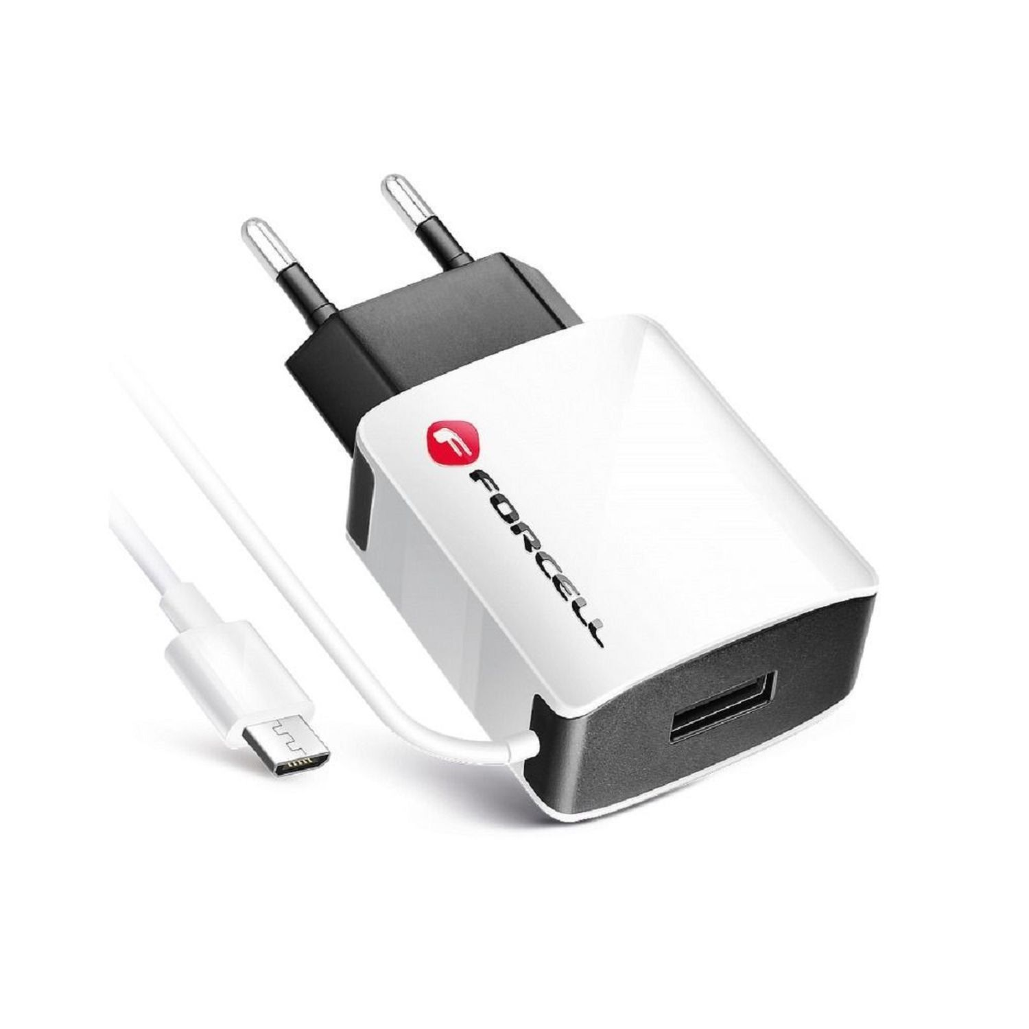 Weißes und schwarzes Telefonladegerät, USB-Kabel. Weißer Hintergrund.
