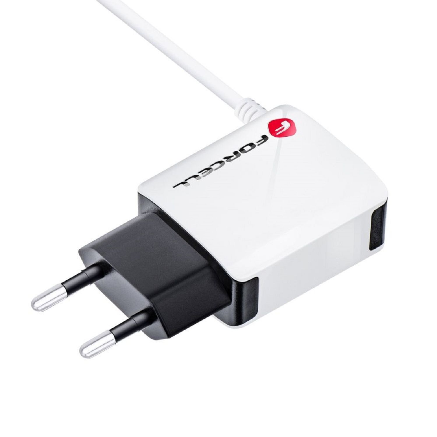 Weißes Ladegerät mit schwarzem Stecker und dem Wort 'FORCELL'.