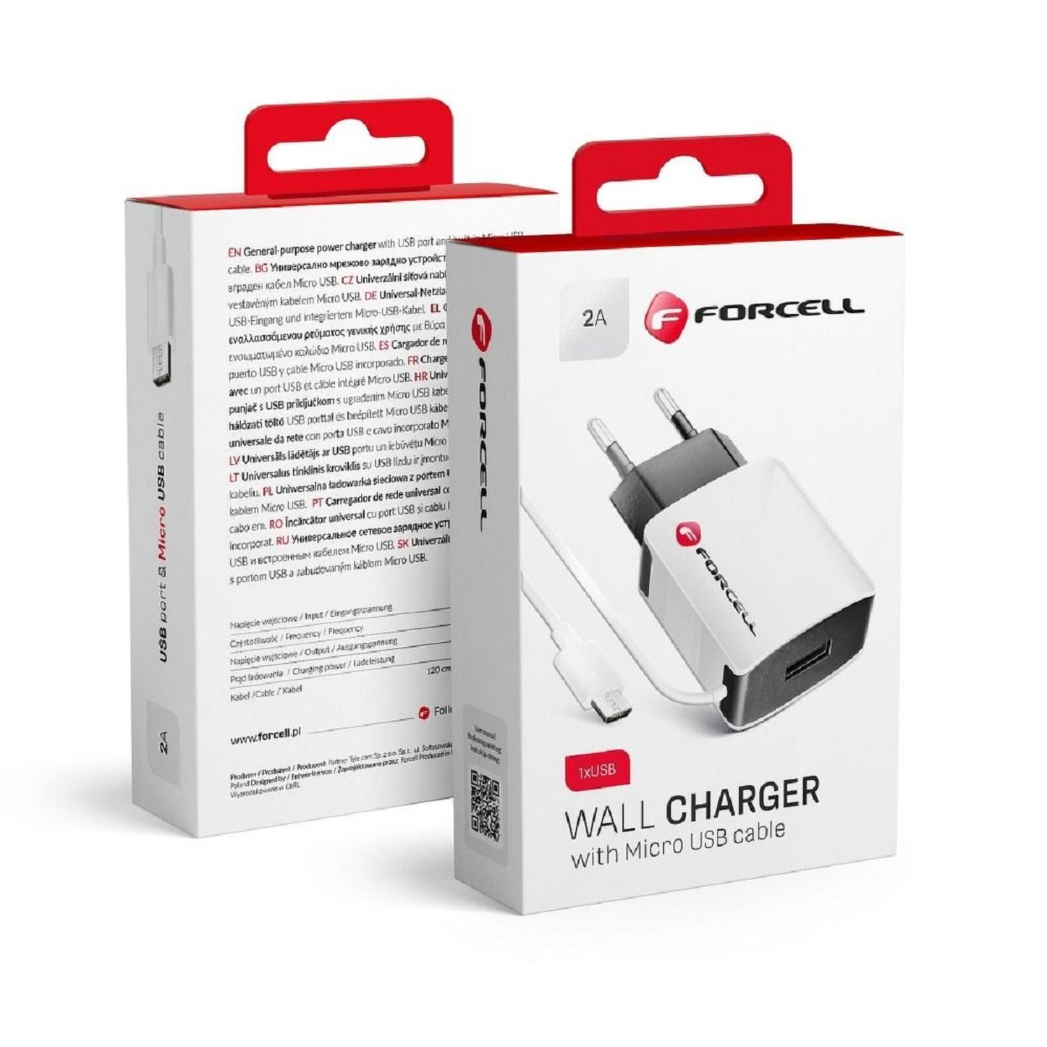 Zwei Wandladegeräte mit einem Micro-USB-Kabel. Die Verpackung ist weiß und rot.