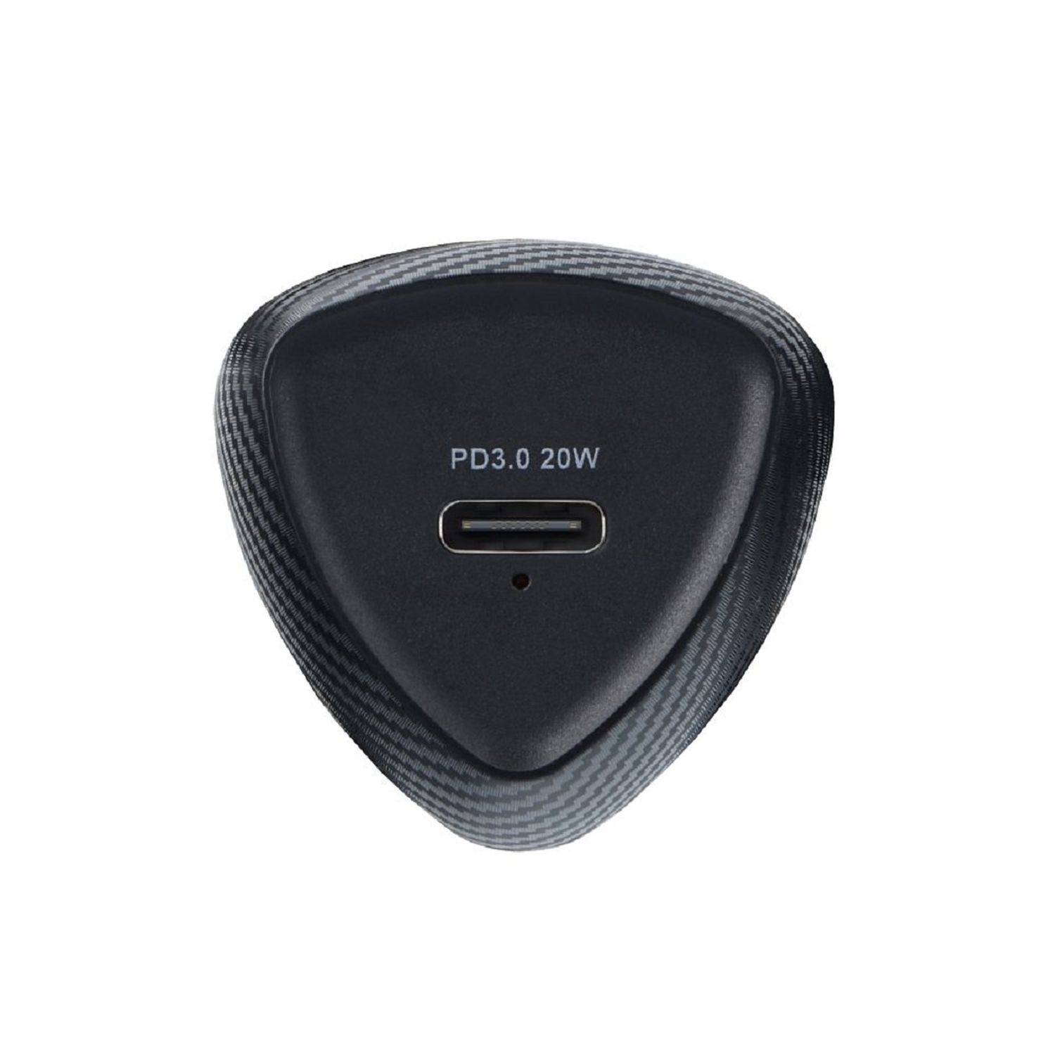 Caricatore nero con porta USB-C. Sfondo grigio con motivo.