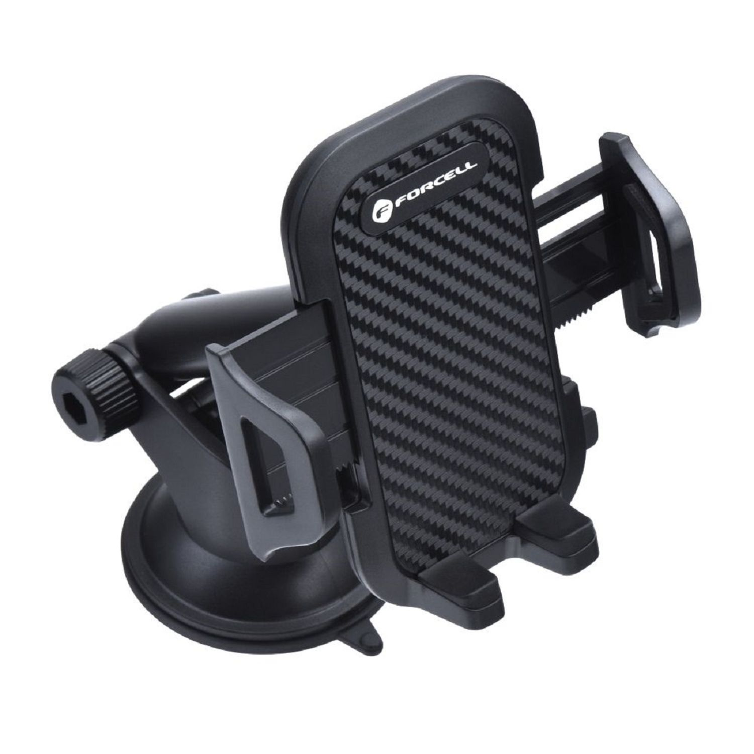 Supporto per telefono nero per auto con design in fibra di carbonio su sfondo bianco.