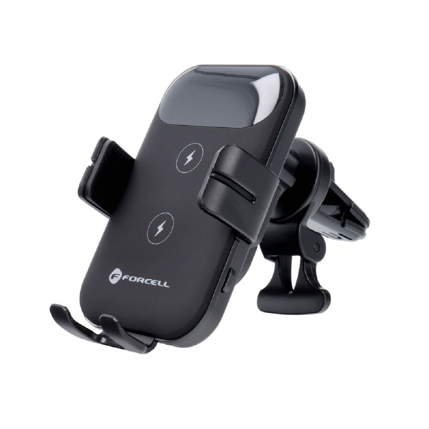 Schwarzer Autotelefonhalter mit kabellosem Laden. Marke: Forcell.