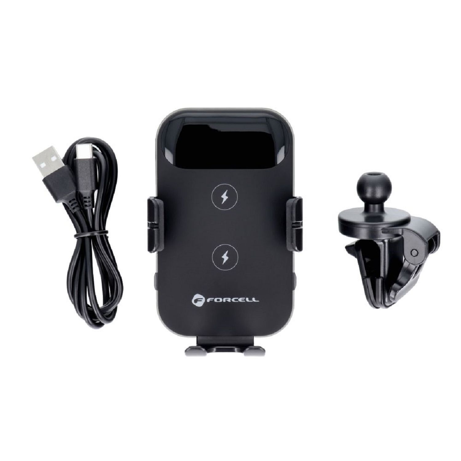 Ein schwarzer Autotelefonhalter mit USB-Kabel und Lüftungsclip wird gezeigt.