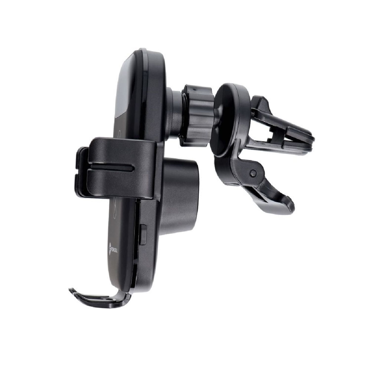 Schwarze Autotelefonhalterung mit Telefonclip, Lüftungsschlitz und Einstellknopf.