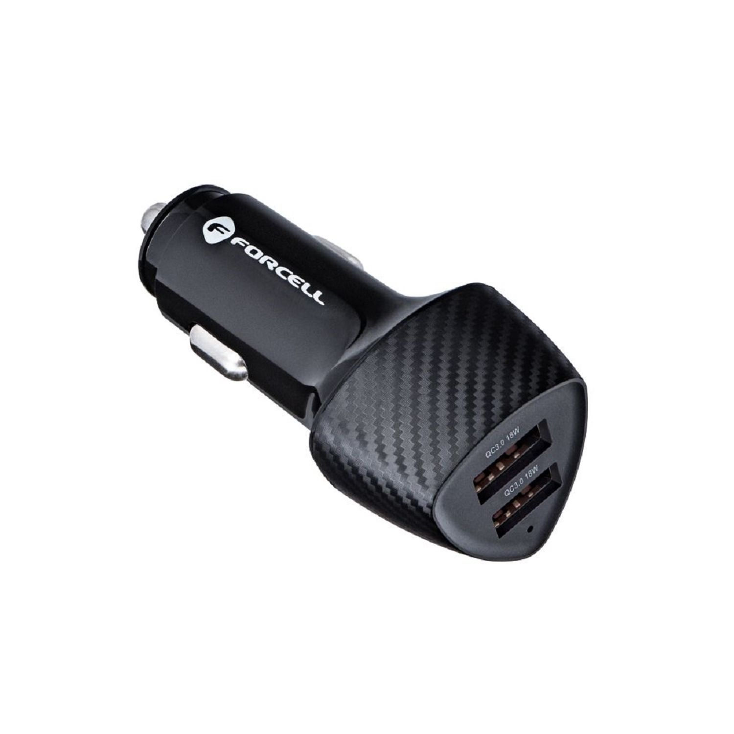 Schwarzes Autoladegerät mit zwei USB-Anschlüssen. Es hat eine Kohlefasertextur an der Seite.