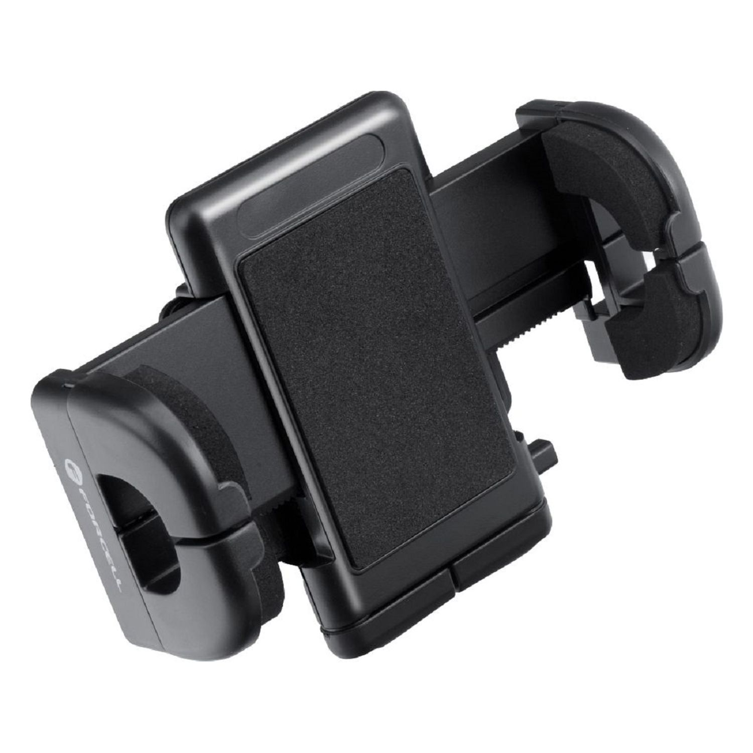 Schwarzer Telefonhalter für ein Auto. Er hat einen flexiblen Arm zur Einstellung.