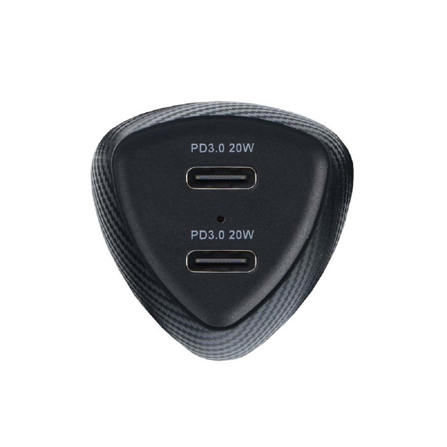 Ein dunkelgrauer Netzadapter mit zwei USB-C-Anschlüssen.