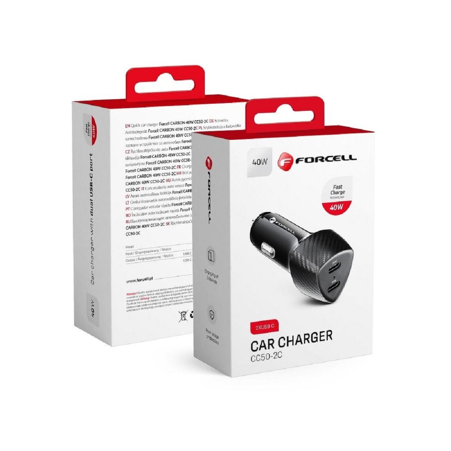 Zwei Boxen eines Autoladegeräts. Text: Forcell, Car Charger, 40W, mit dualem USB-C-Anschluss.