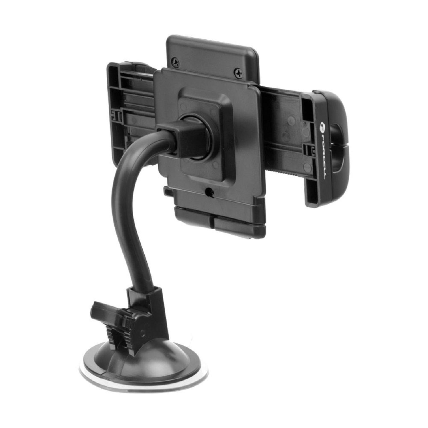Ein schwarzer Autohalter mit Saugnapf und gebogenem Arm.
