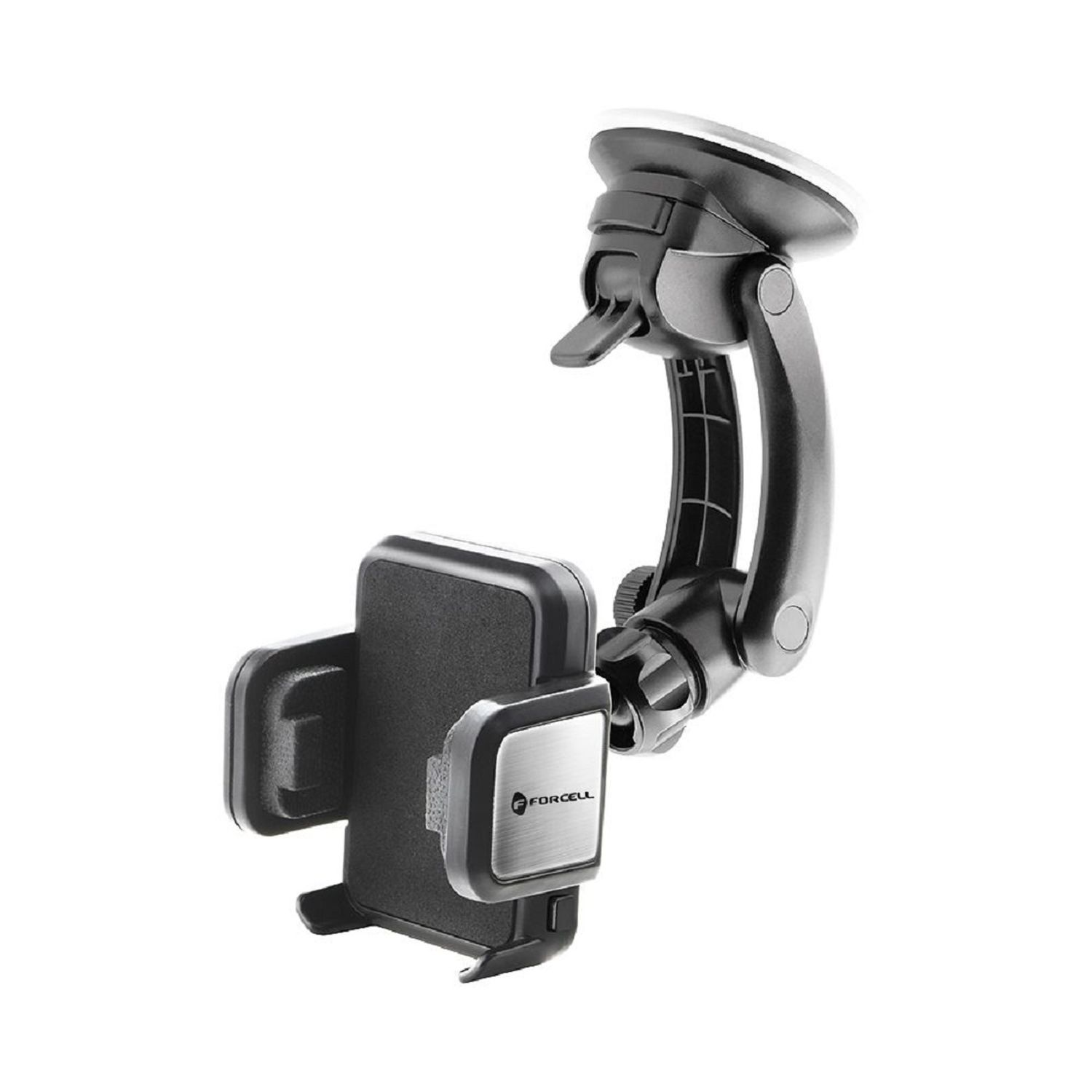 Schwarze Autotelefonhalterung mit Saugnapfbasis, verstellbarem Arm und Telefonhalter.