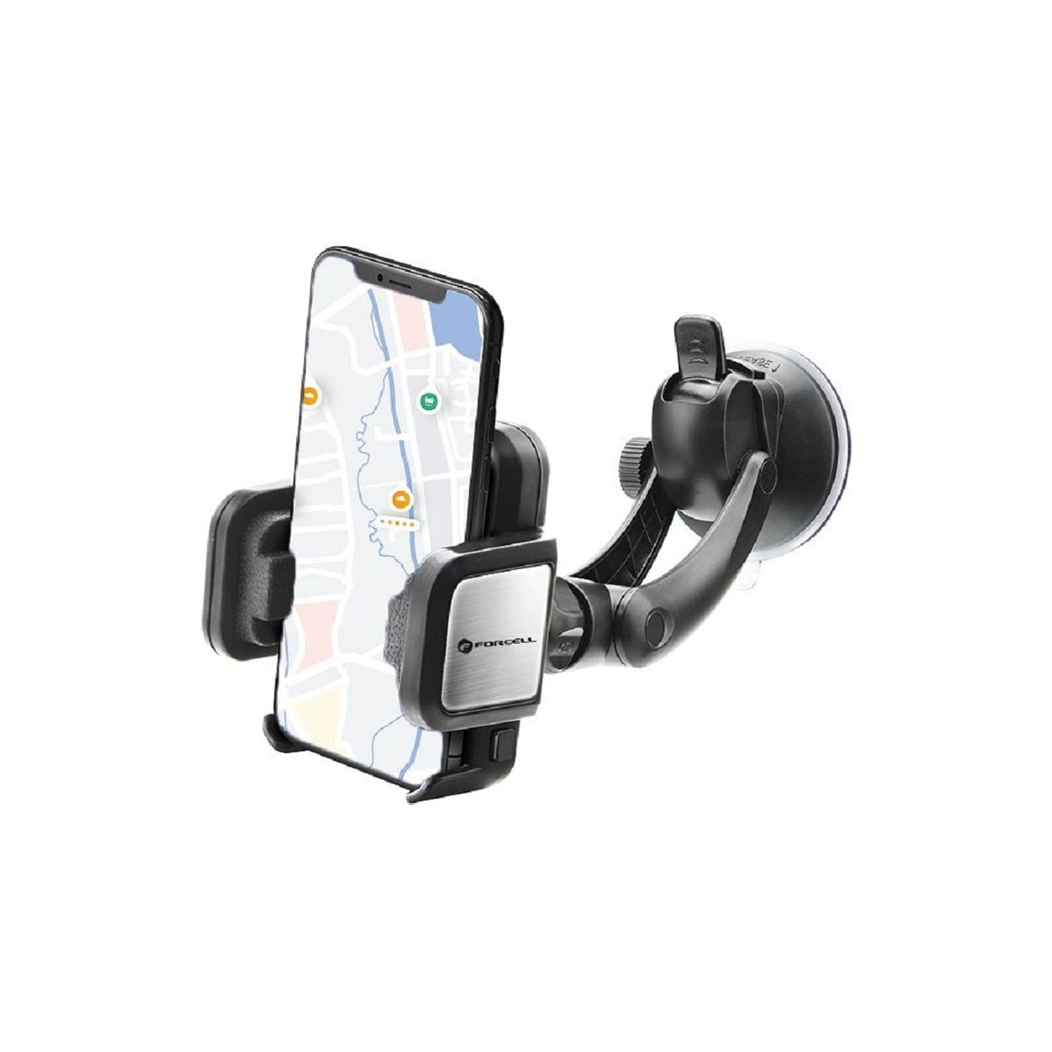 Ein schwarzer Telefonhalter an einer Autoscheibe, der ein Telefon mit einer Karte hält.