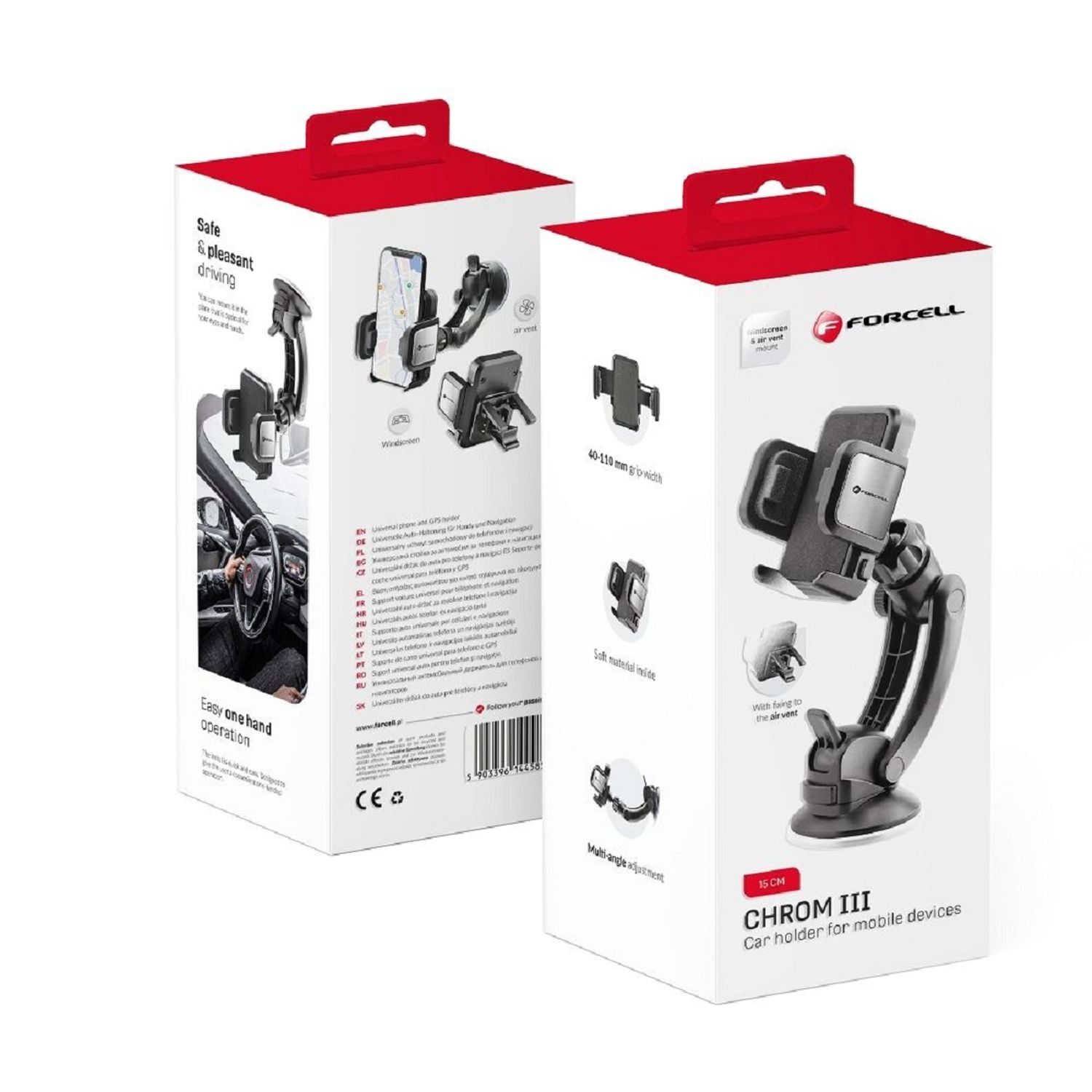 Handy-Autohalterung Verpackung, weiße und rote Kartons mit Illustrationen.