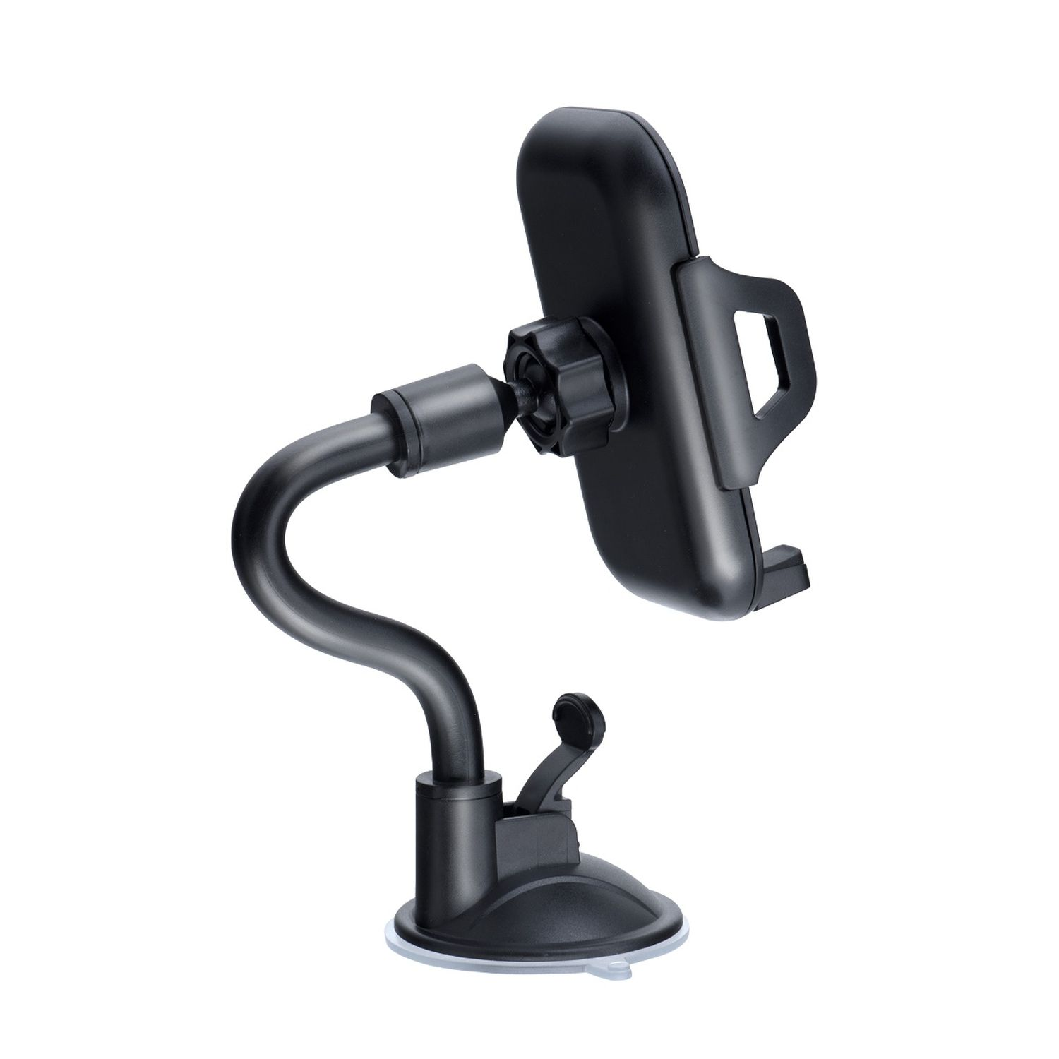 Schwarze Autotelefonhalterung auf weißem Hintergrund. Es hat einen flexiblen Arm und einen Saugnapf.