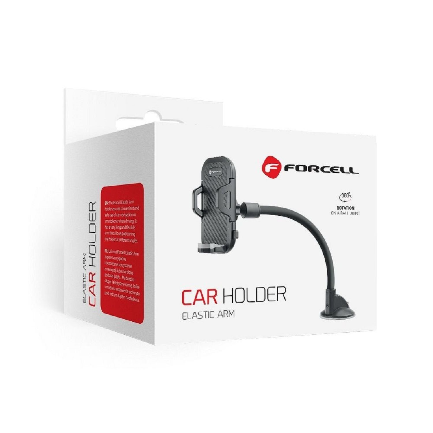 Ein Auto-Handyhalter in einer Box mit elastischem Arm und Forcell-Logo.