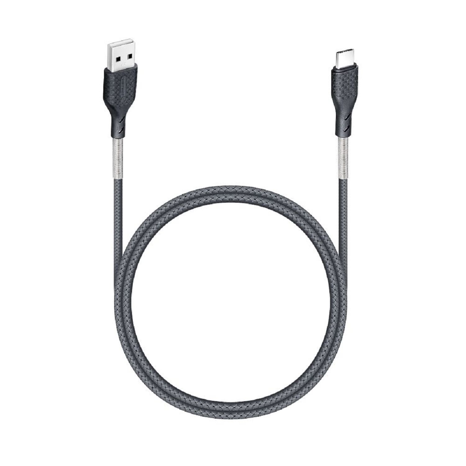 Graues USB-C-Kabel mit geflochtenem Design, isoliert auf weißem Hintergrund.