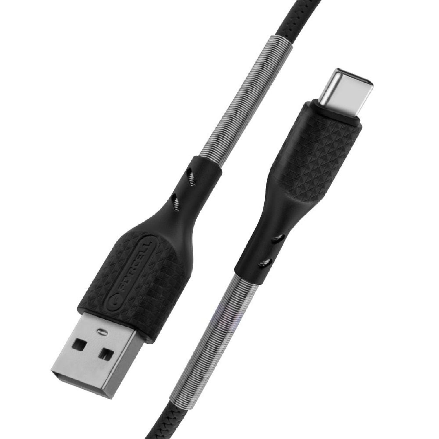 Ein schwarzes und silbernes USB-C-Kabel mit federartigem Design.