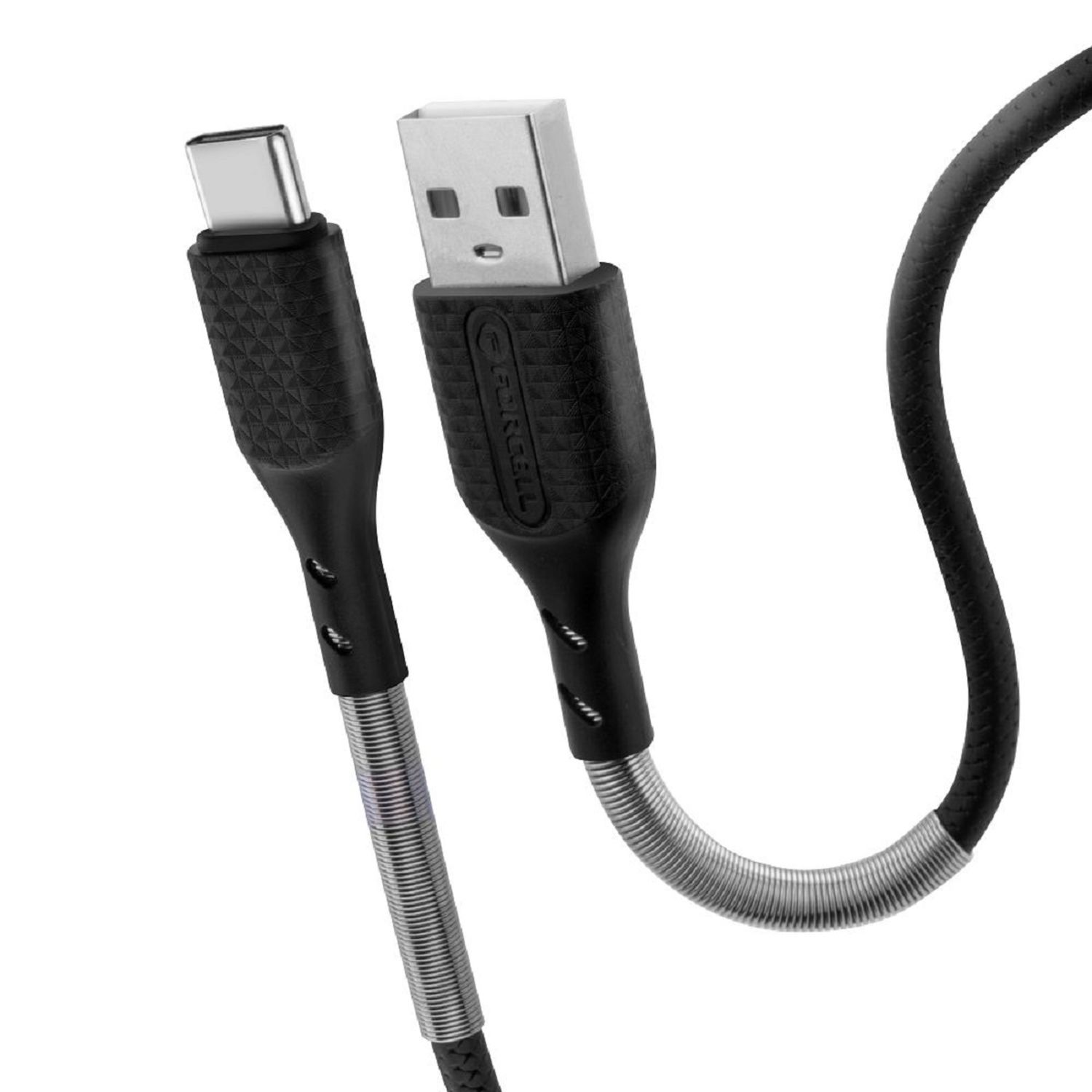 Schwarzes USB-C-Kabel mit USB-A-Anschluss. Nahaufnahme, schwarz-silbernes Design.