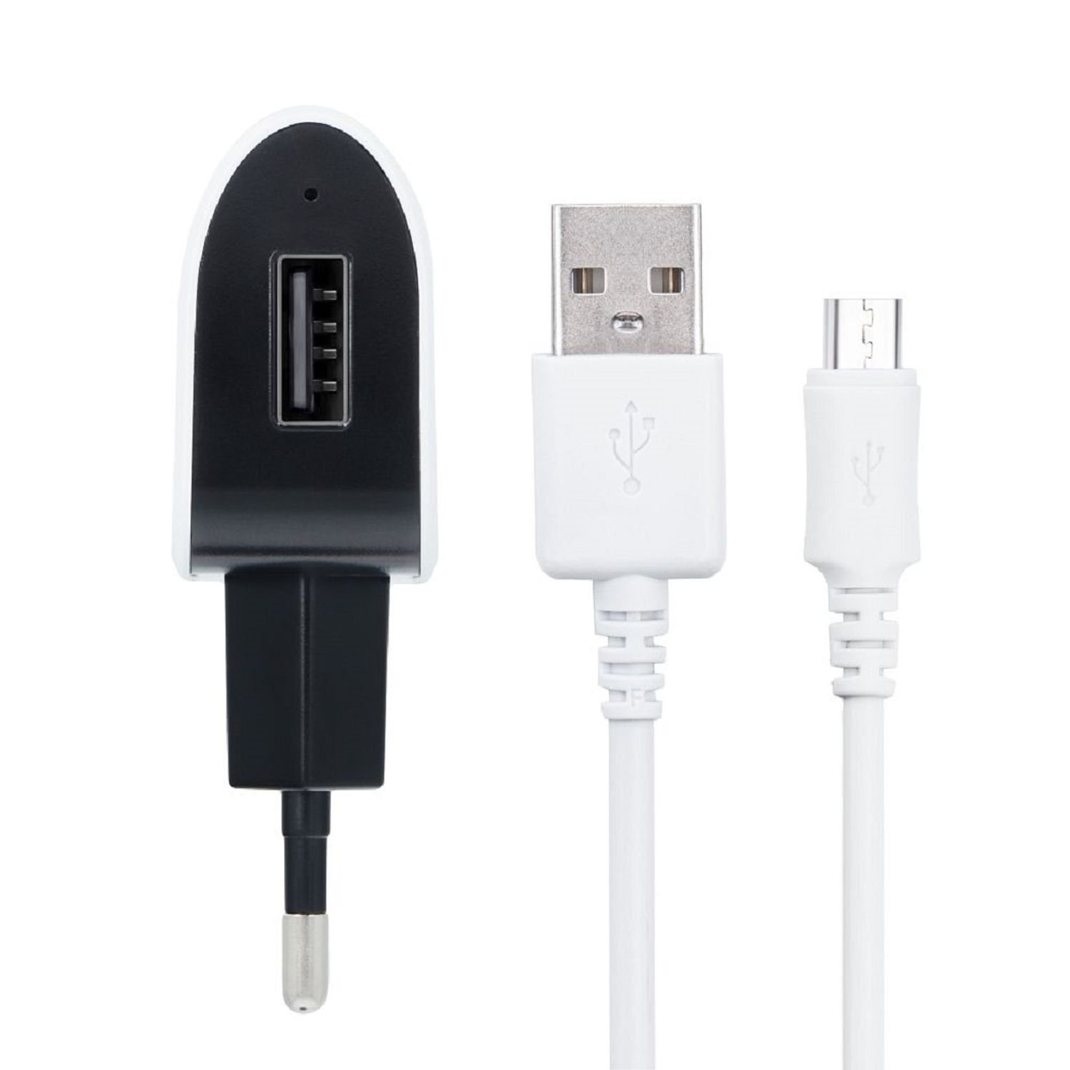 USB-Ladegerät mit zwei weißen Kabeln. Einmal USB, einmal Micro-USB. Weißer Hintergrund.