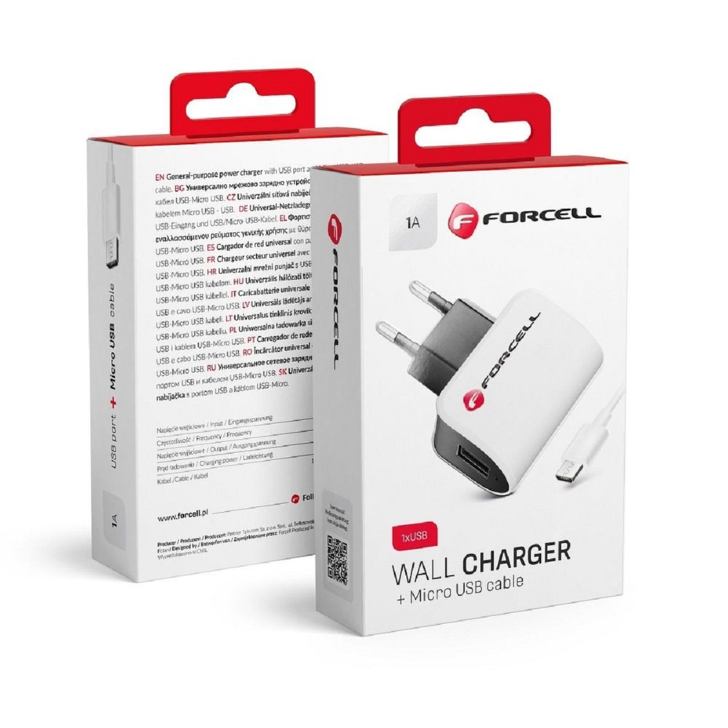 Zwei Kartons mit Wandladegeräten mit USB-Kabeln. Die Marke FORCELL ist sichtbar, und jede Box ist weiß.
