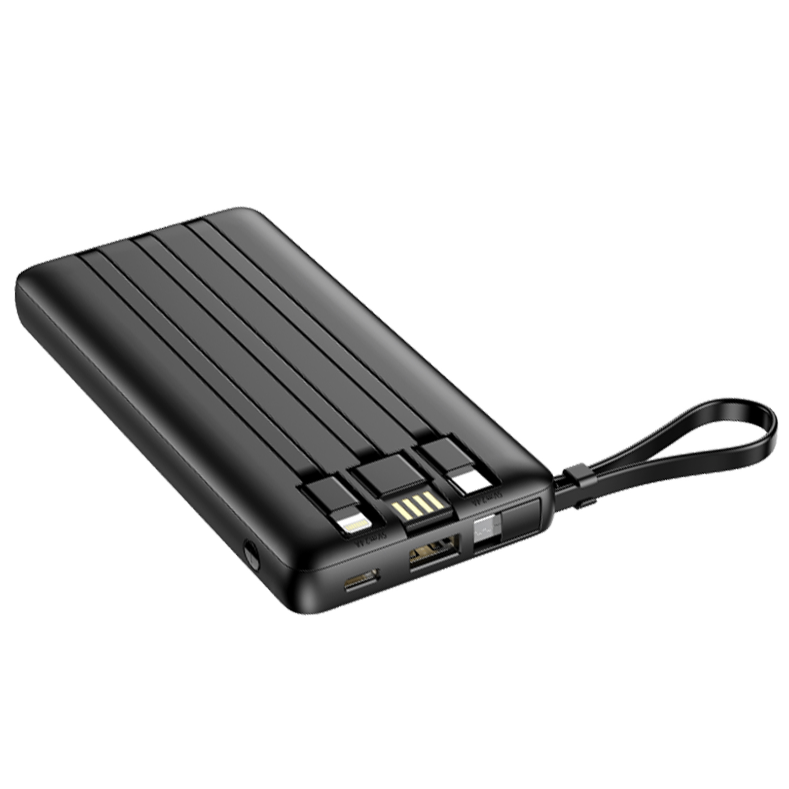 Eine schwarze Powerbank mit schwarzem Riemen. Hat USB-Anschlüsse und ein Etikett.
