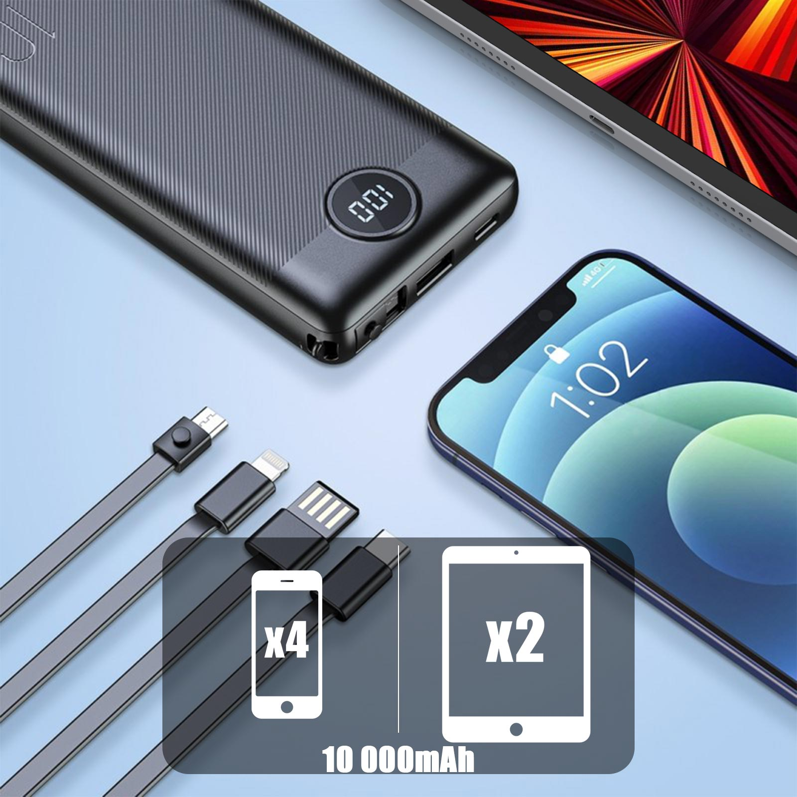 Powerbank, Kabel, Telefon und Tablet ausgebreitet. Die Powerbank hat ein Display.