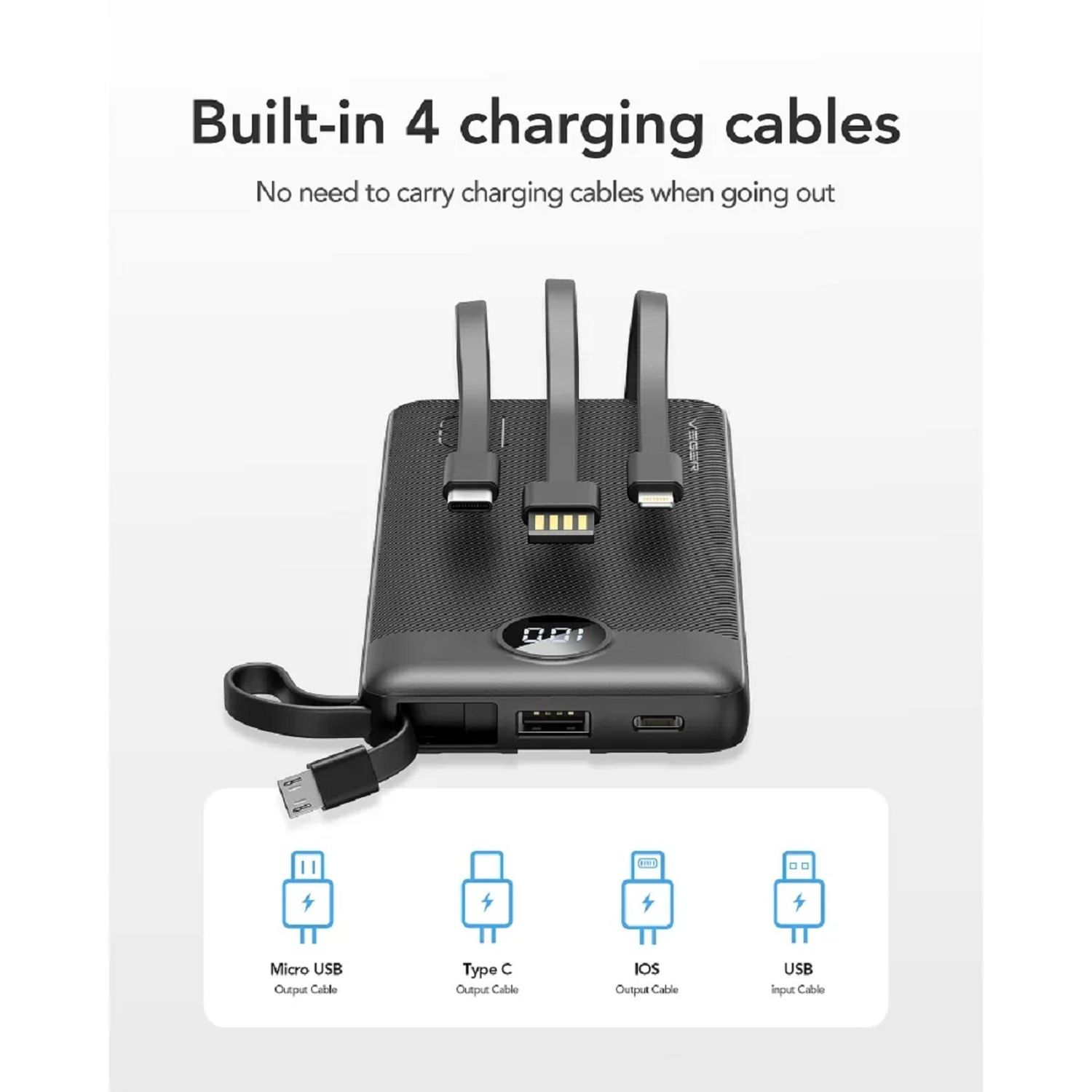 Schwarze Powerbank mit Ladekabeln, vier Kabeltypen werden gezeigt.