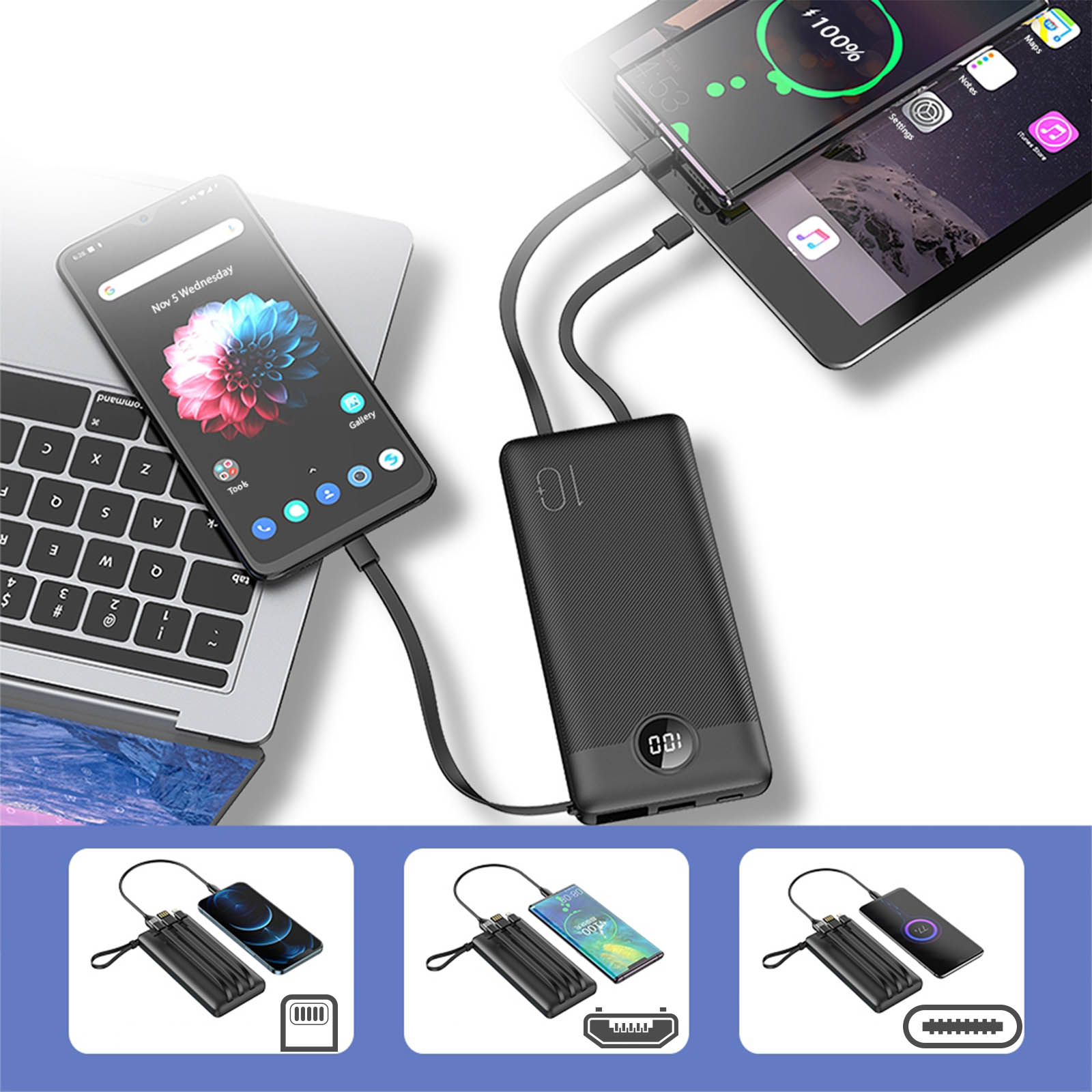 Telefon lädt Tablet und Laptop von einer Powerbank. Die Powerbank ist schwarz.