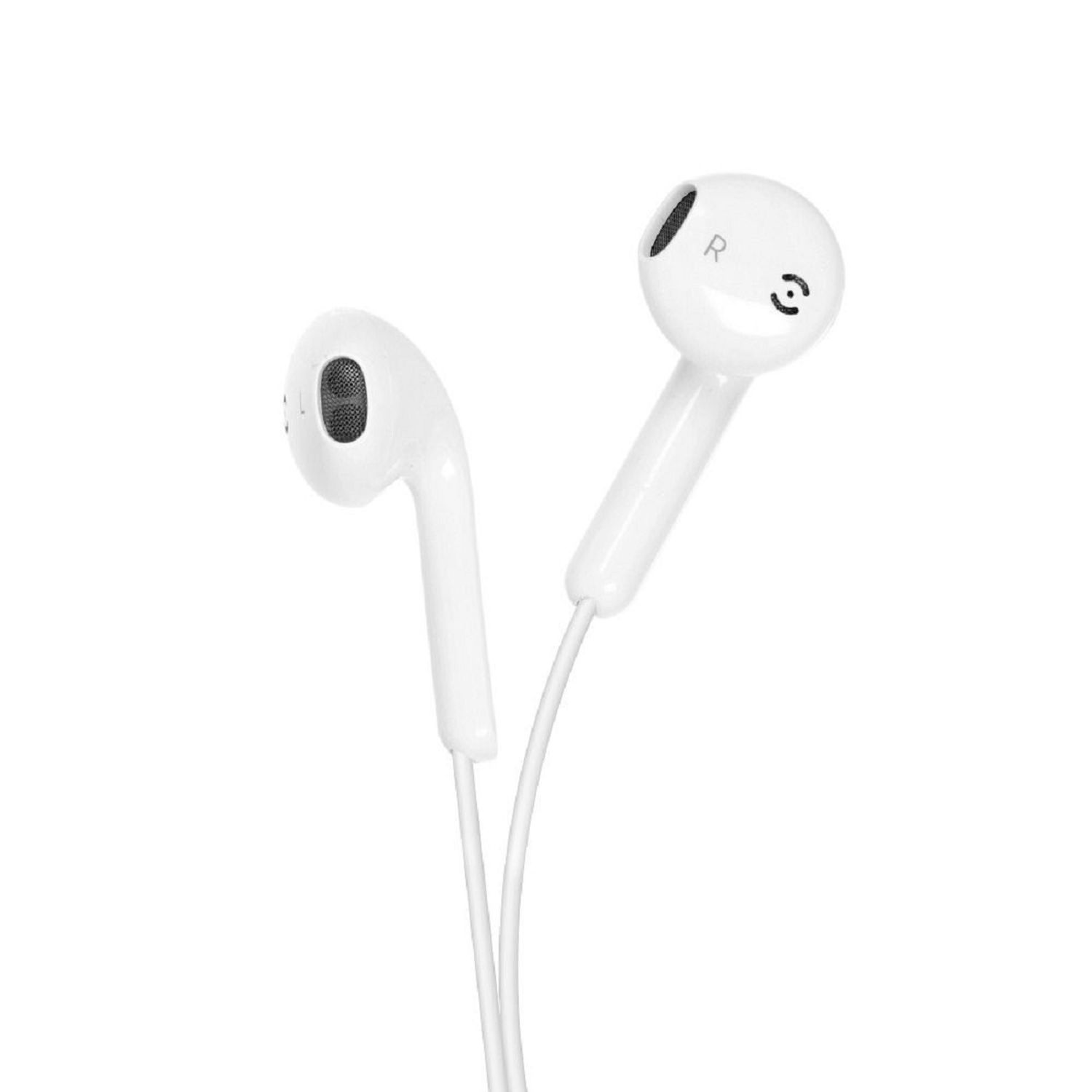 Zwei weiße Ohrhörer mit weißem Kabel. Weißer Hintergrund.