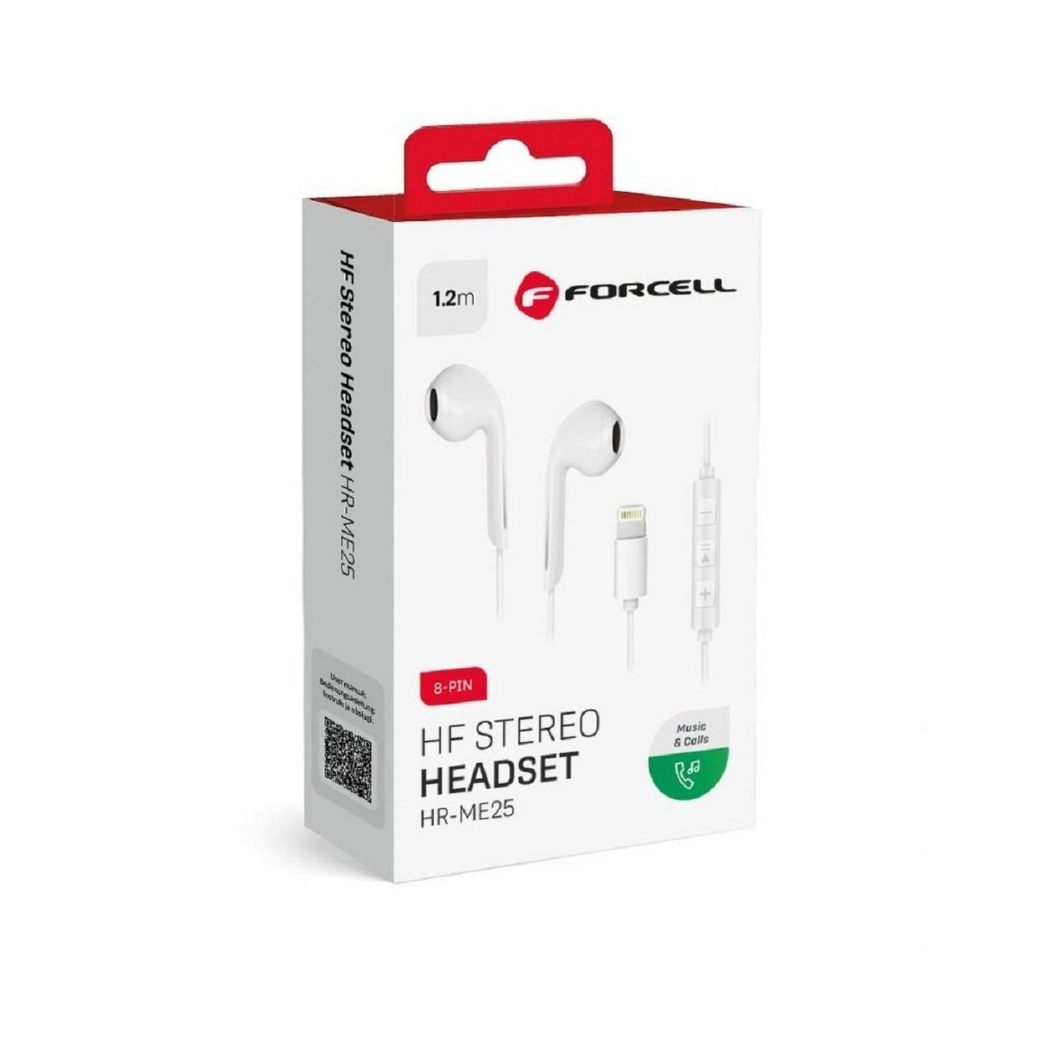 Kopfhörerbox mit weißen Ohrhörern und einem Lightning-Anschluss. Der Text lautet 'HF Stereo Headset'.