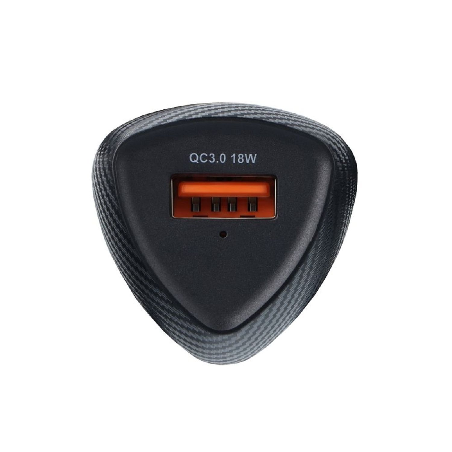 Schwarzes Ladegerät mit QC3.0 18W-Etikett. Der Ladeanschluss ist orange. Dreieckige Form.