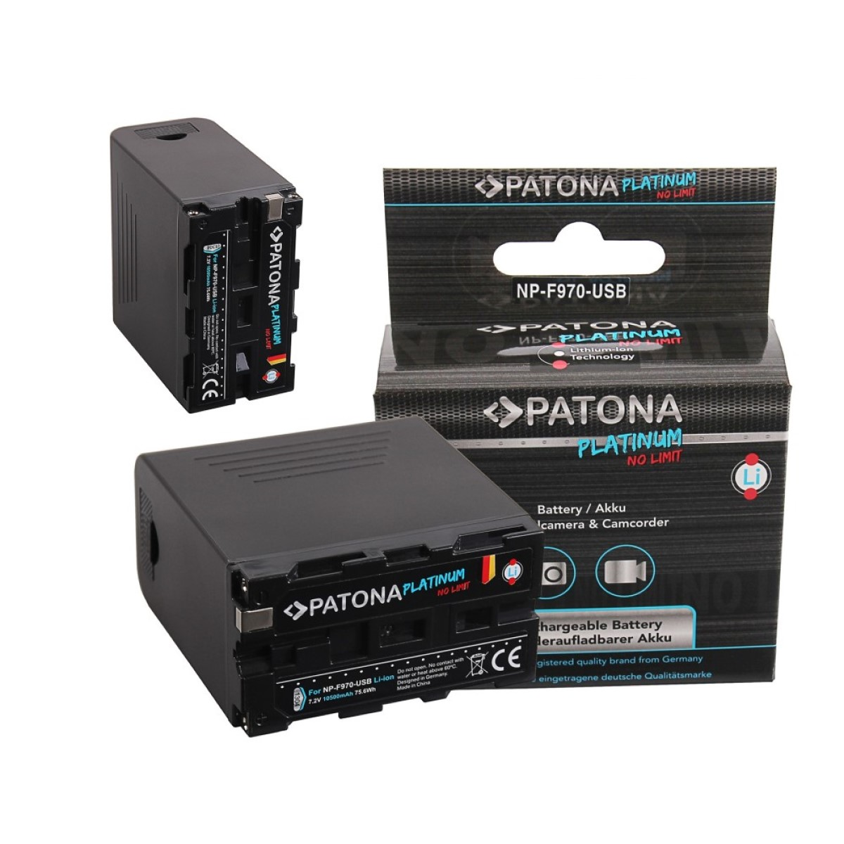 Schwarze Kamera-Akkus und Verpackung. Ein Akku ist separat, zwei sind in einer Box. 'Patona Platinum' auf der Box.