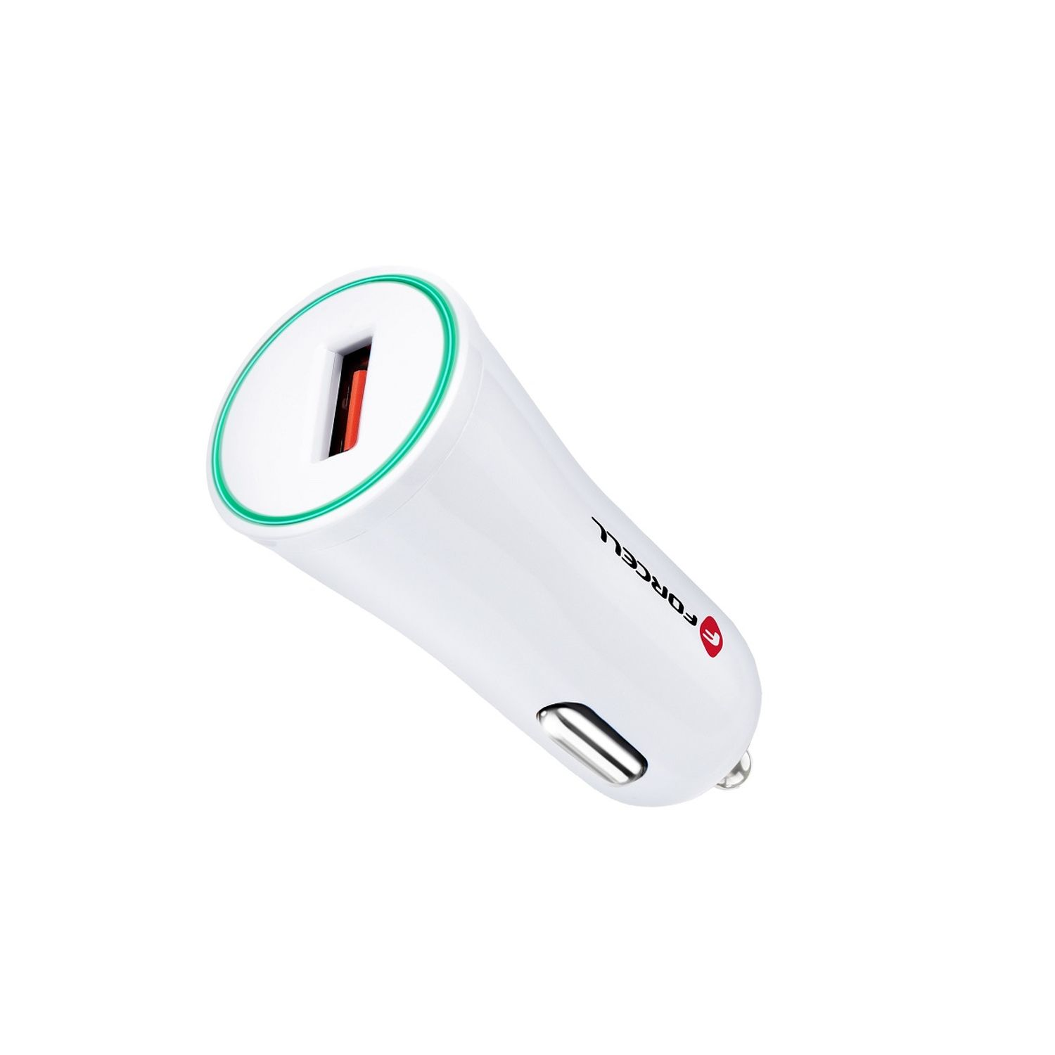 Caricabatterie per auto bianco con bordo rosso e verde attorno alla porta USB.
