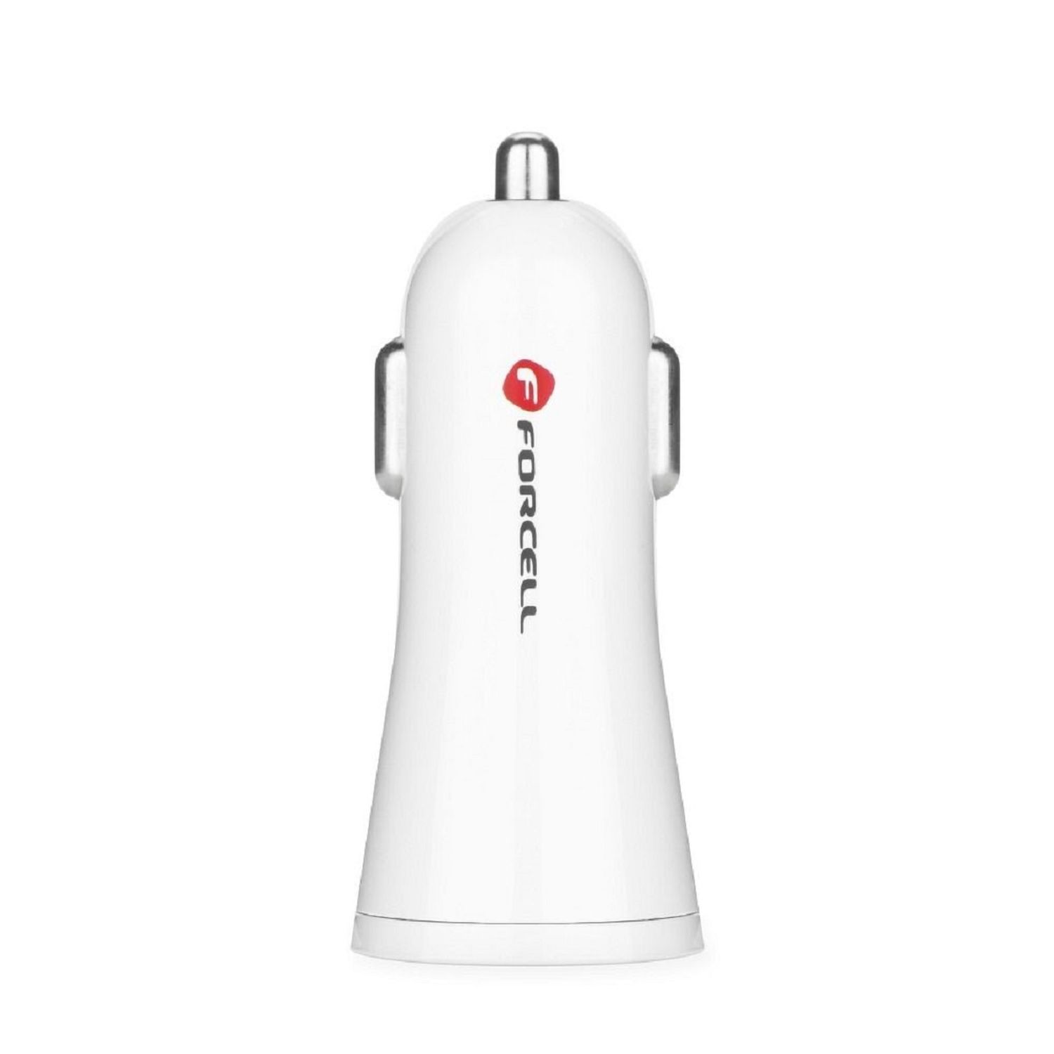 Caricabatterie per auto bianco con logo rosso e bianco. Sfondo bianco.