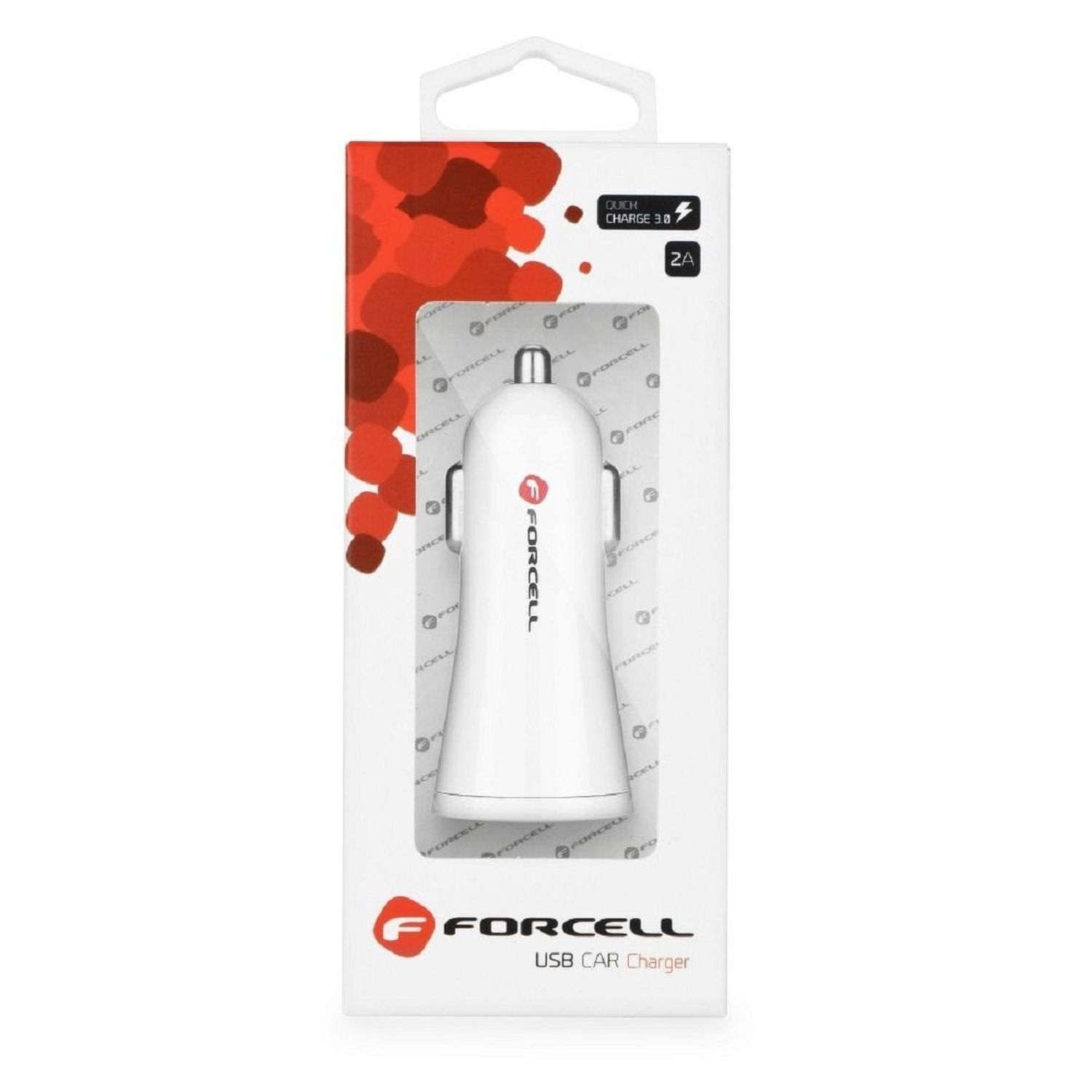 Un caricabatterie per auto bianco in confezione trasparente con logo 'FORCELL'.
